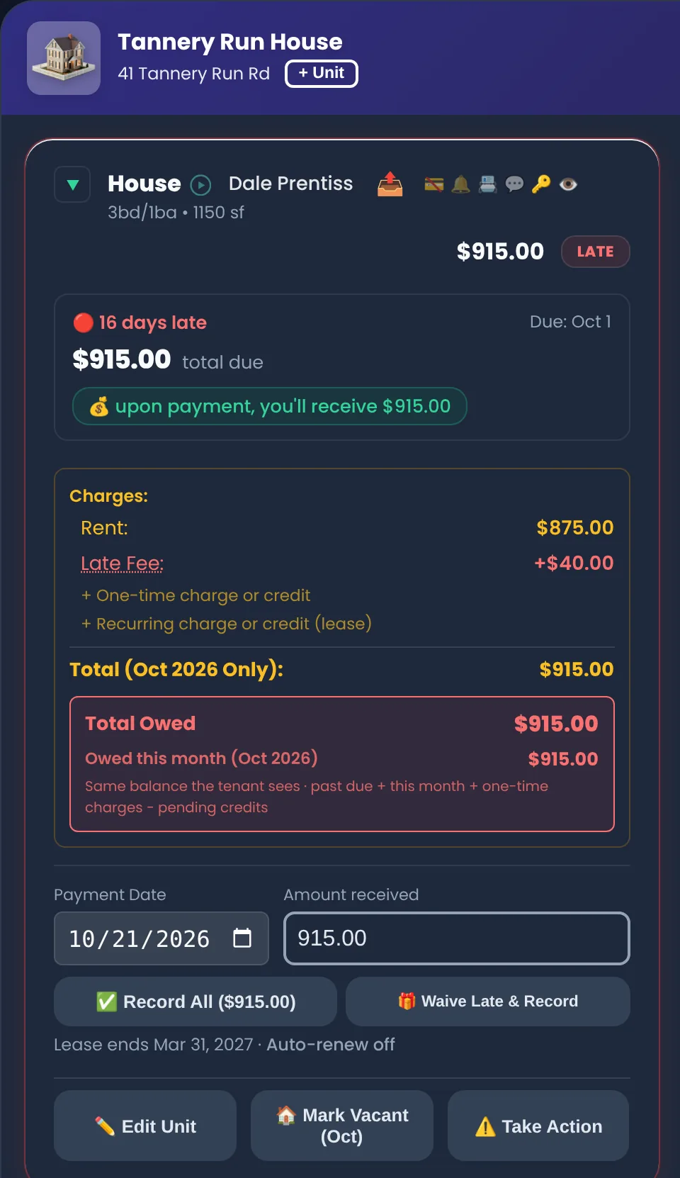 LandlordPro rent roll card for a single-family rental: LATE, 16 days late, rent $875.00 plus a $40.00 late fee, total owed $915.00
