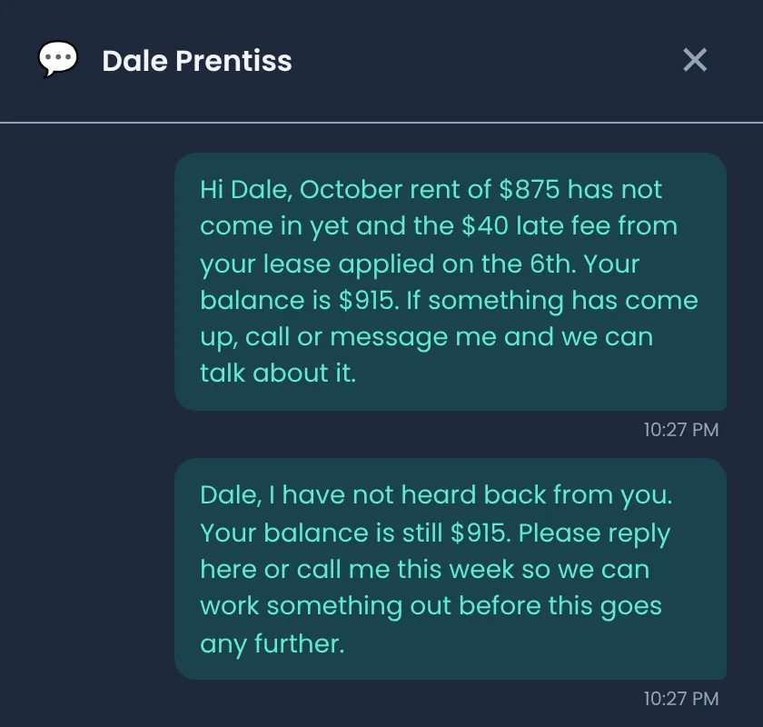 Message thread with two landlord messages to the tenant stating the $915 balance and asking him to call, each timestamped, neither marked as read