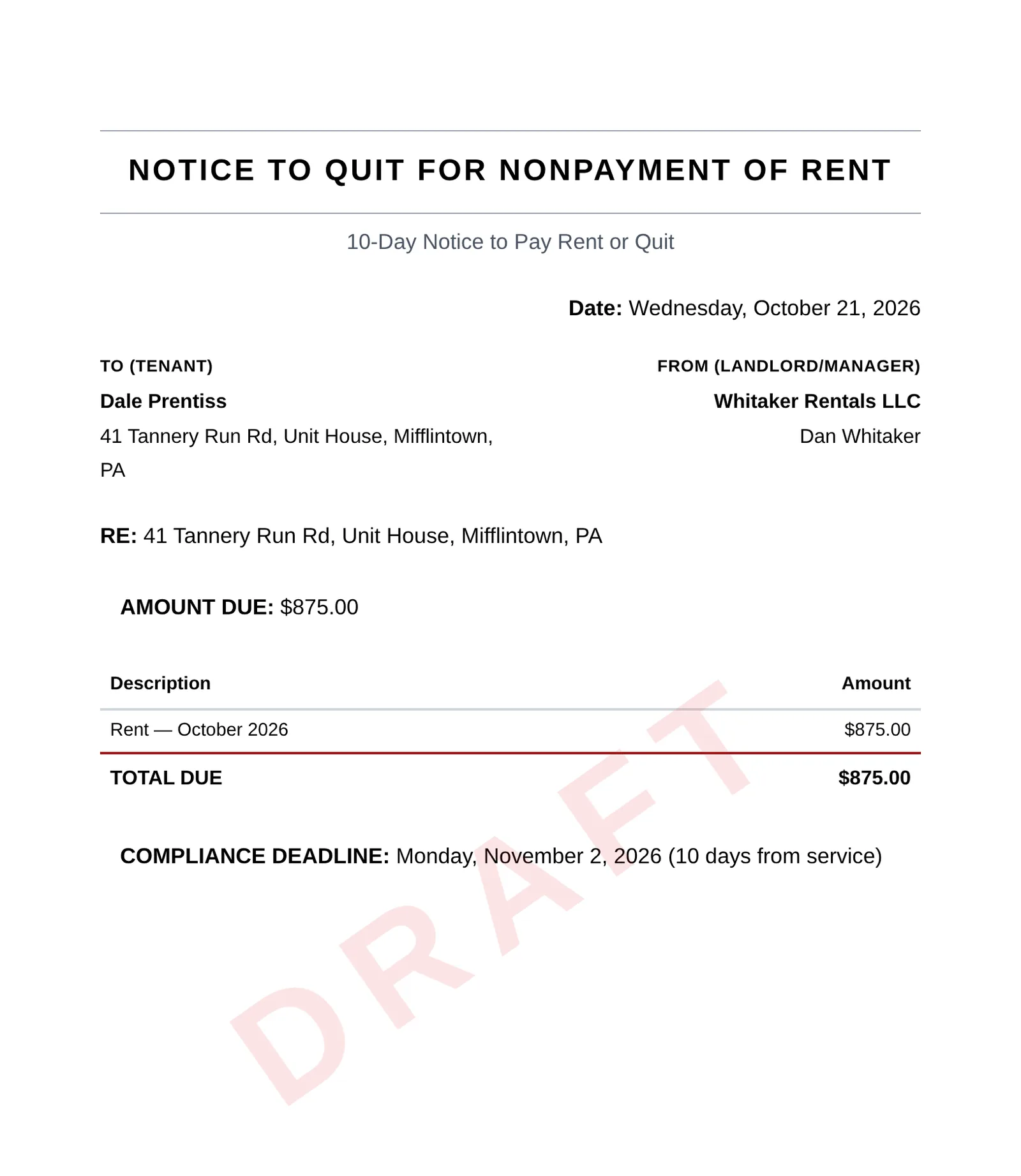 Draft Notice to Quit for Nonpayment of Rent with a DRAFT watermark: tenant, property, rent for October 2026 of $875.00 and a compliance deadline of Monday, November 2, 2026