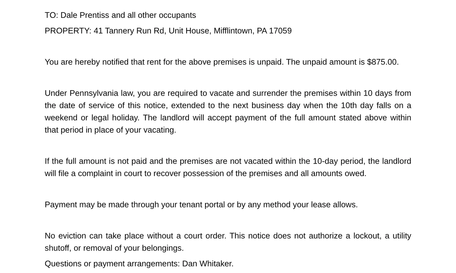Page two of the draft notice: no eviction can take place without a court order; this notice does not authorize a lockout, a utility shutoff, or removal of your belongings
