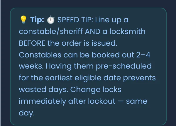 The eviction timeline's Constable Lockout step with the tip to book a constable and a locksmith early and change the locks the same day as the court-ordered lockout