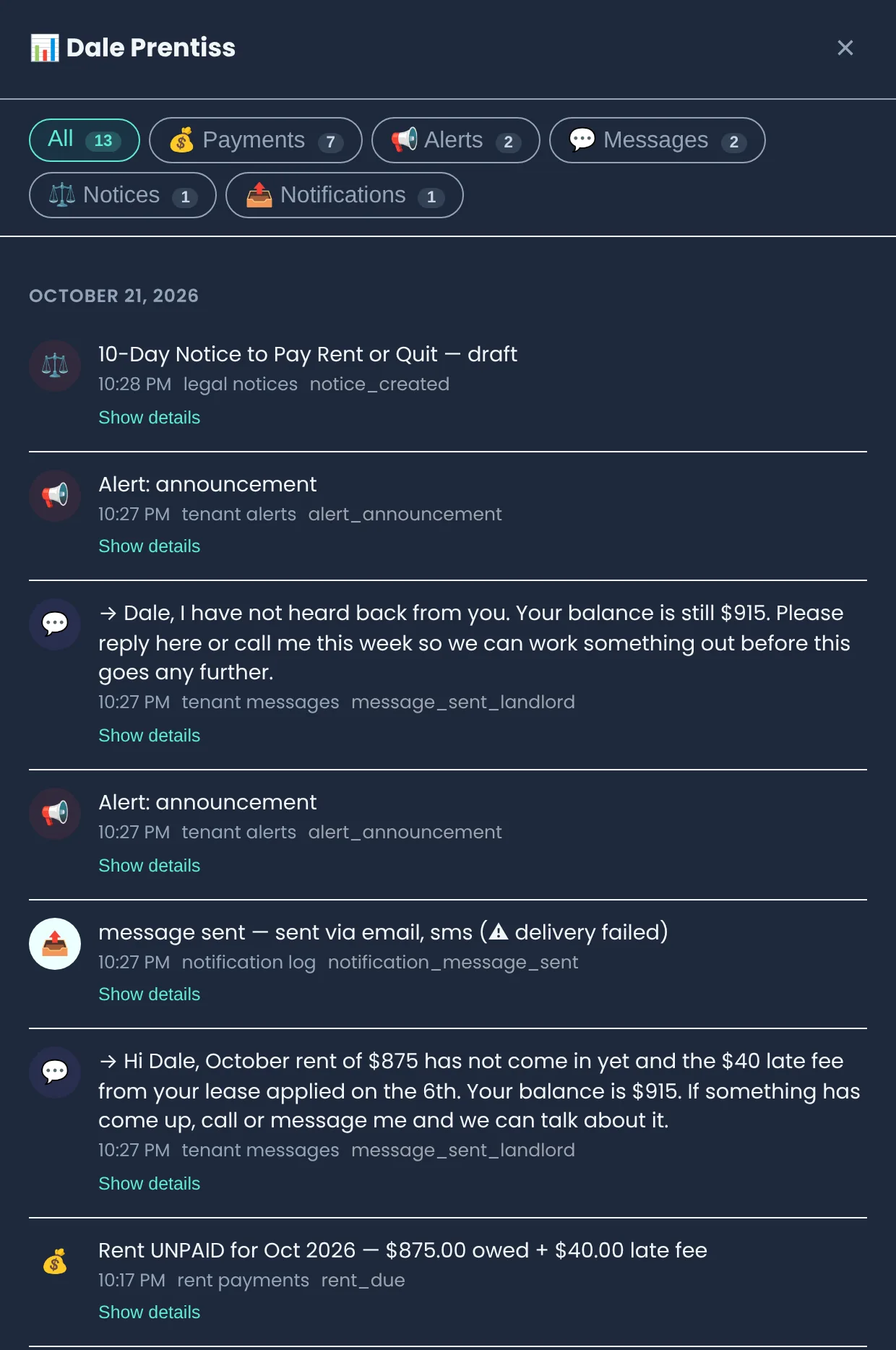 Tenant records for Dale Prentiss in date order: the draft 10-day notice, two landlord messages, the message delivery log and October rent unpaid with the $40 late fee
