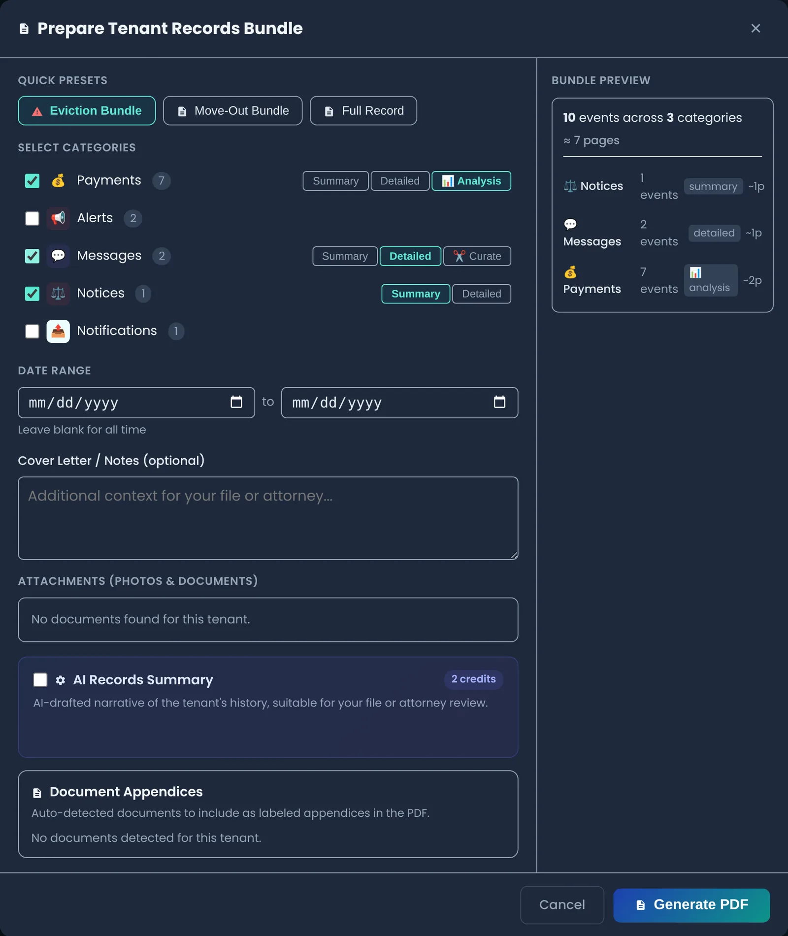 Prepare Tenant Records Bundle dialog with the Eviction Bundle preset: payments with analysis, messages in detail and the notice, previewing 10 events across 3 categories, about 7 pages