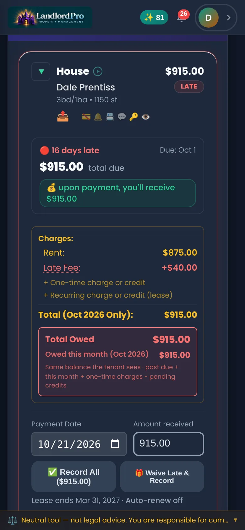 The same late rent card on a phone: LATE, 16 days late, rent $875 plus a $40 late fee, total owed $915