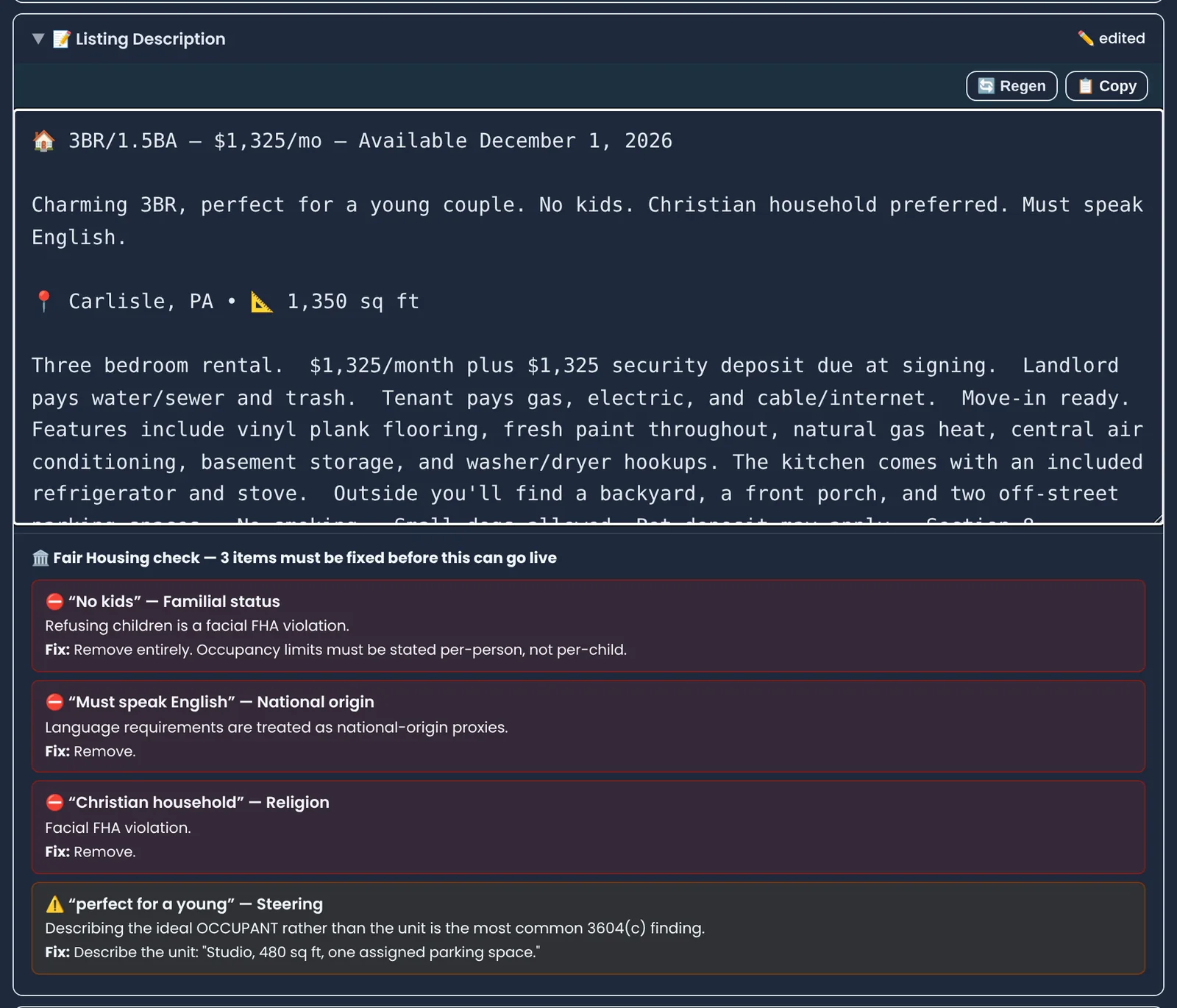 Listing description with a typed line reading "perfect for a young couple. No kids. Christian household preferred. Must speak English." and the Fair Housing check below it: three items must be fixed before this can go live, plus one steering warning