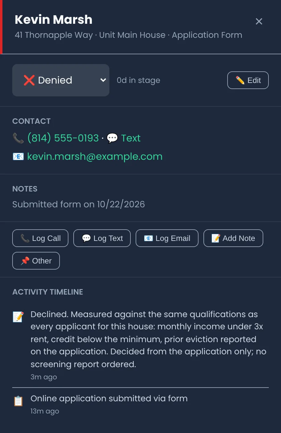 An applicant record marked Denied with an activity timeline note giving the reason: below the income and credit minimums and a prior eviction reported on the application, the same qualifications as every applicant