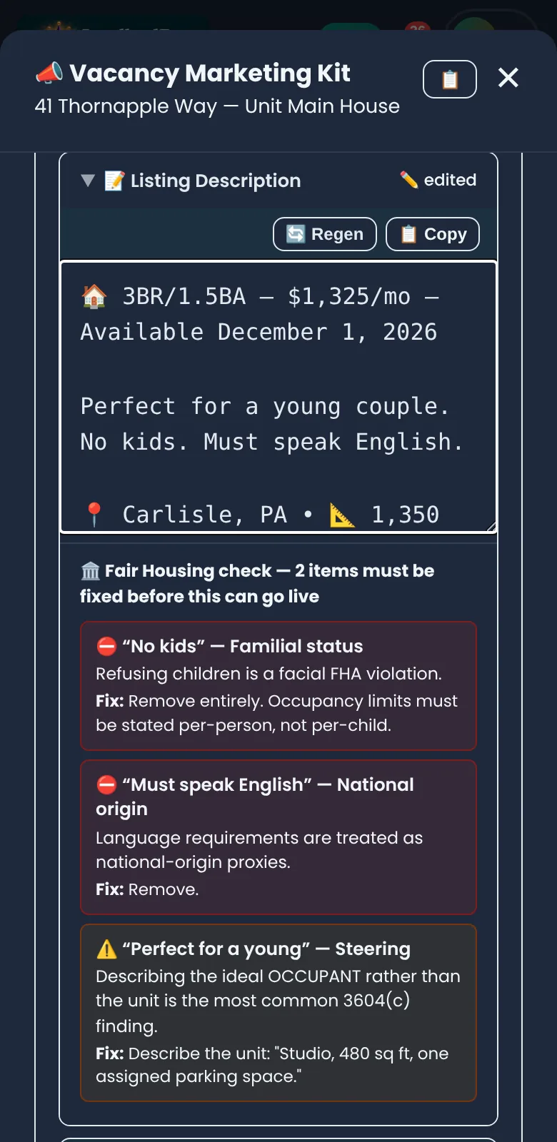 The Fair Housing check on a phone flagging "No kids" and "Must speak English" in red and "Perfect for a young" in amber