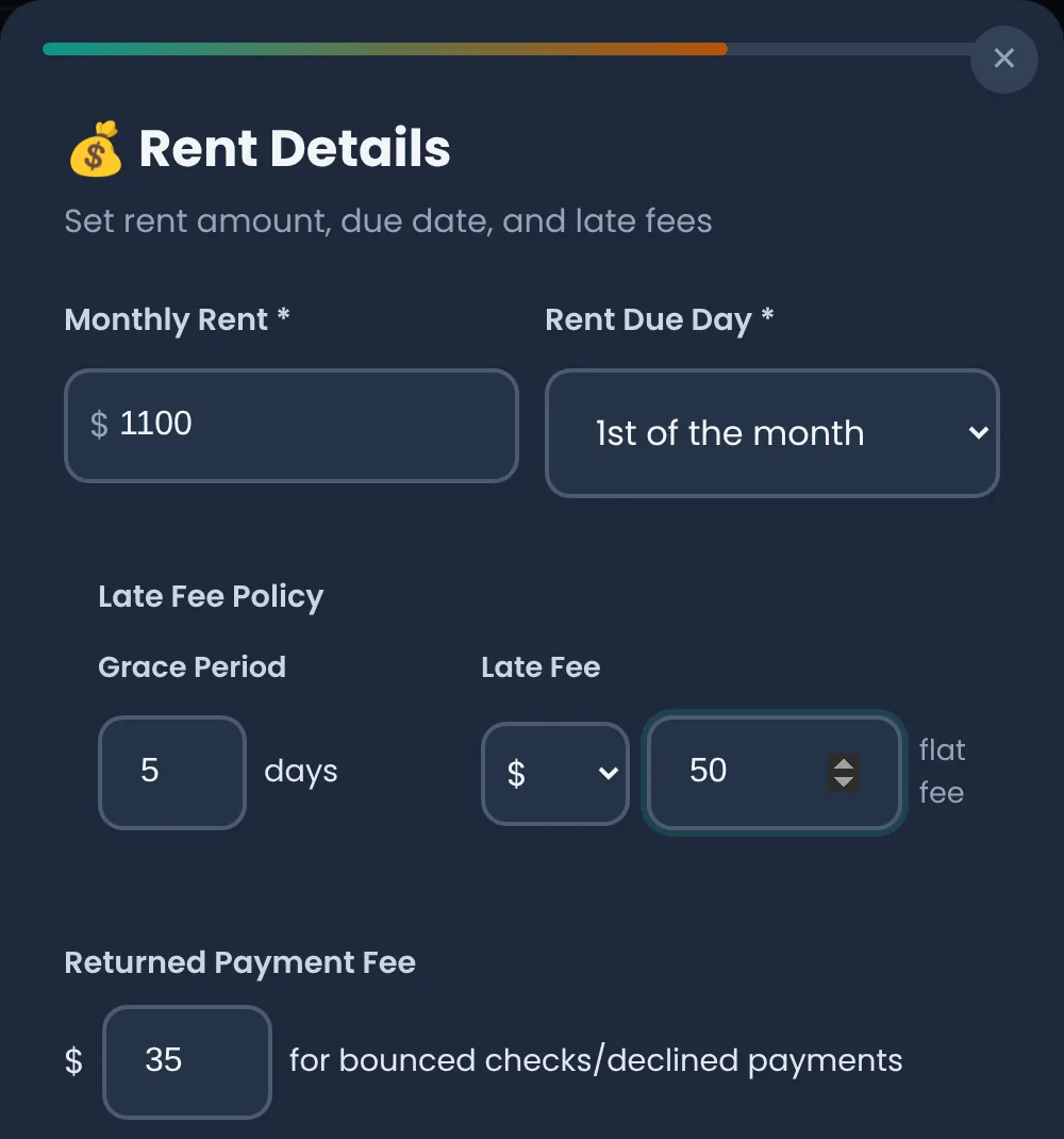 Lease wizard Rent Details step: monthly rent $1,100 due the 1st of the month, Late Fee Policy with a 5-day grace period and a $50 flat late fee, and a $35 returned payment fee