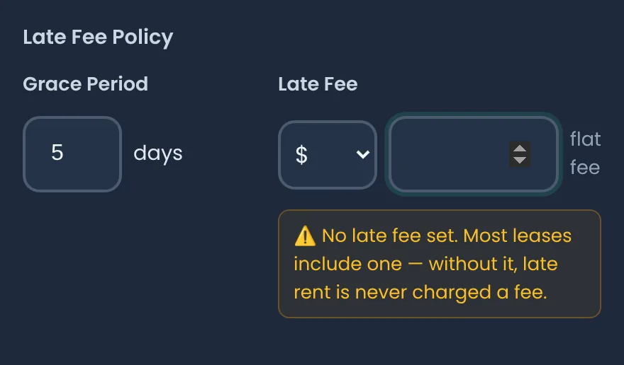 Late fee field left blank with a warning: No late fee set. Most leases include one; without it, late rent is never charged a fee
