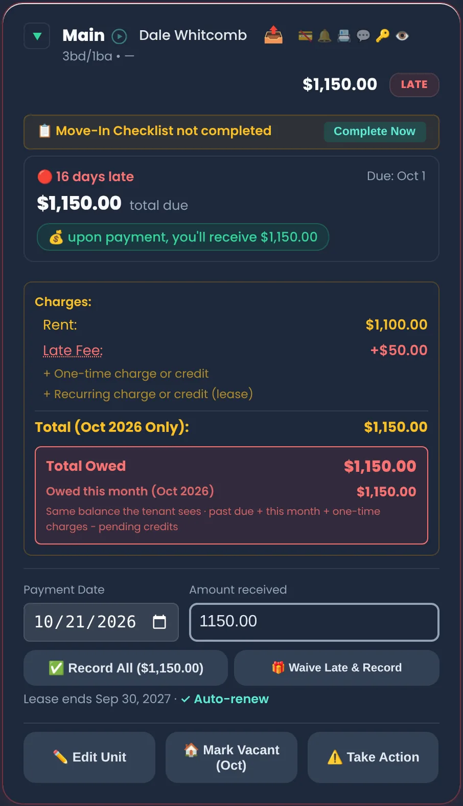 Rent roll card for Dale Whitcomb marked LATE, due October 1: charges rent $1,100.00 and late fee +$50.00, total owed $1,150.00, with Record All and Waive Late & Record buttons