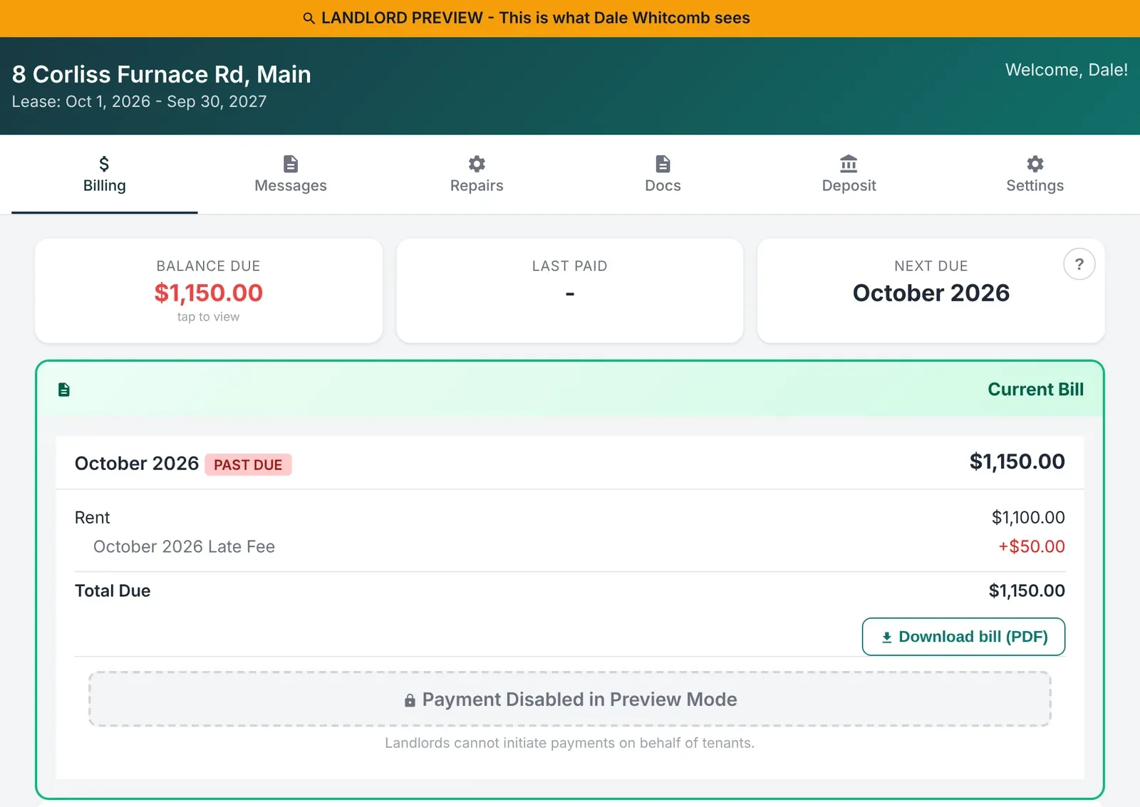 Tenant portal in landlord preview: balance due $1,150.00, current bill for October 2026 marked past due with rent $1,100.00, October 2026 late fee +$50.00 and total due $1,150.00, with a Download bill (PDF) button