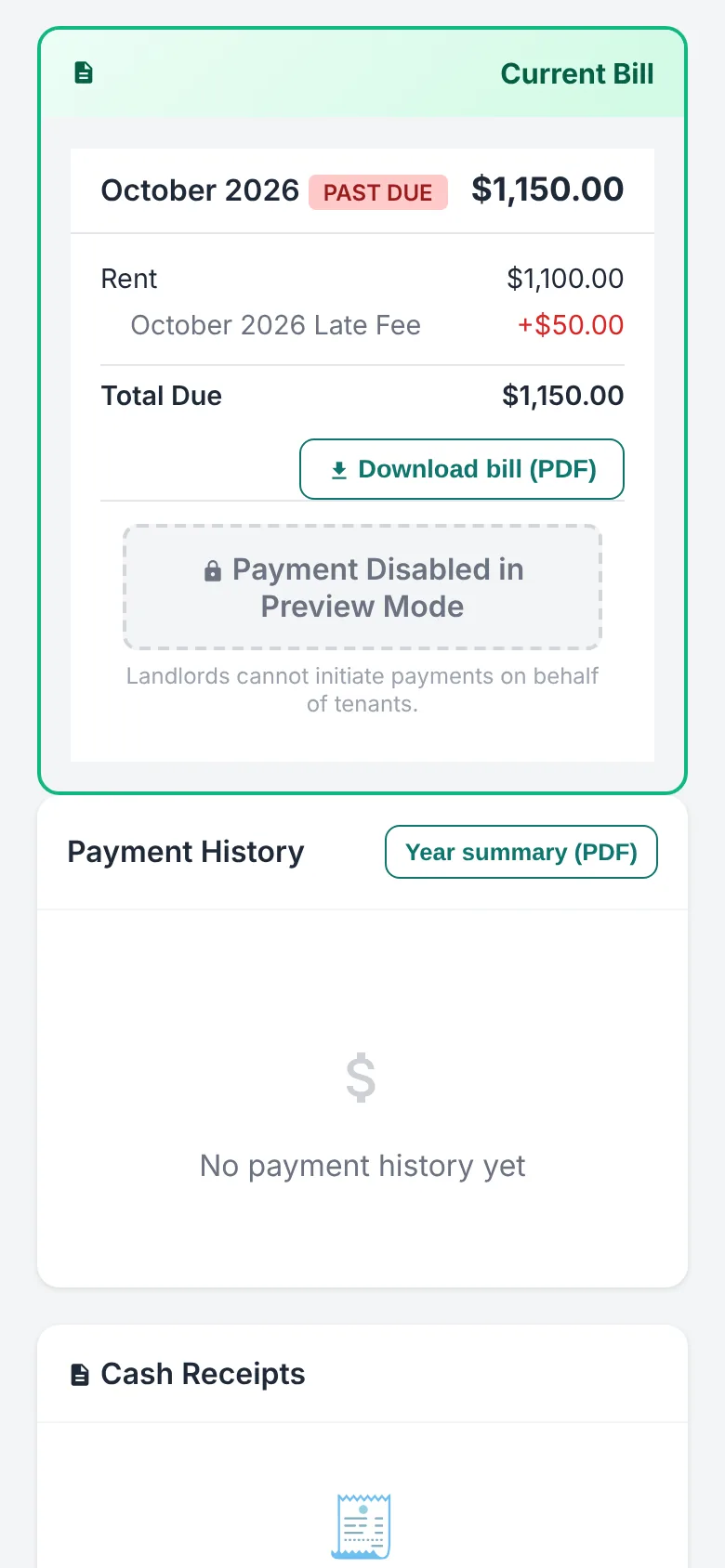 The tenant's current bill on a phone: October 2026 past due, rent $1,100.00, October 2026 late fee +$50.00, total due $1,150.00