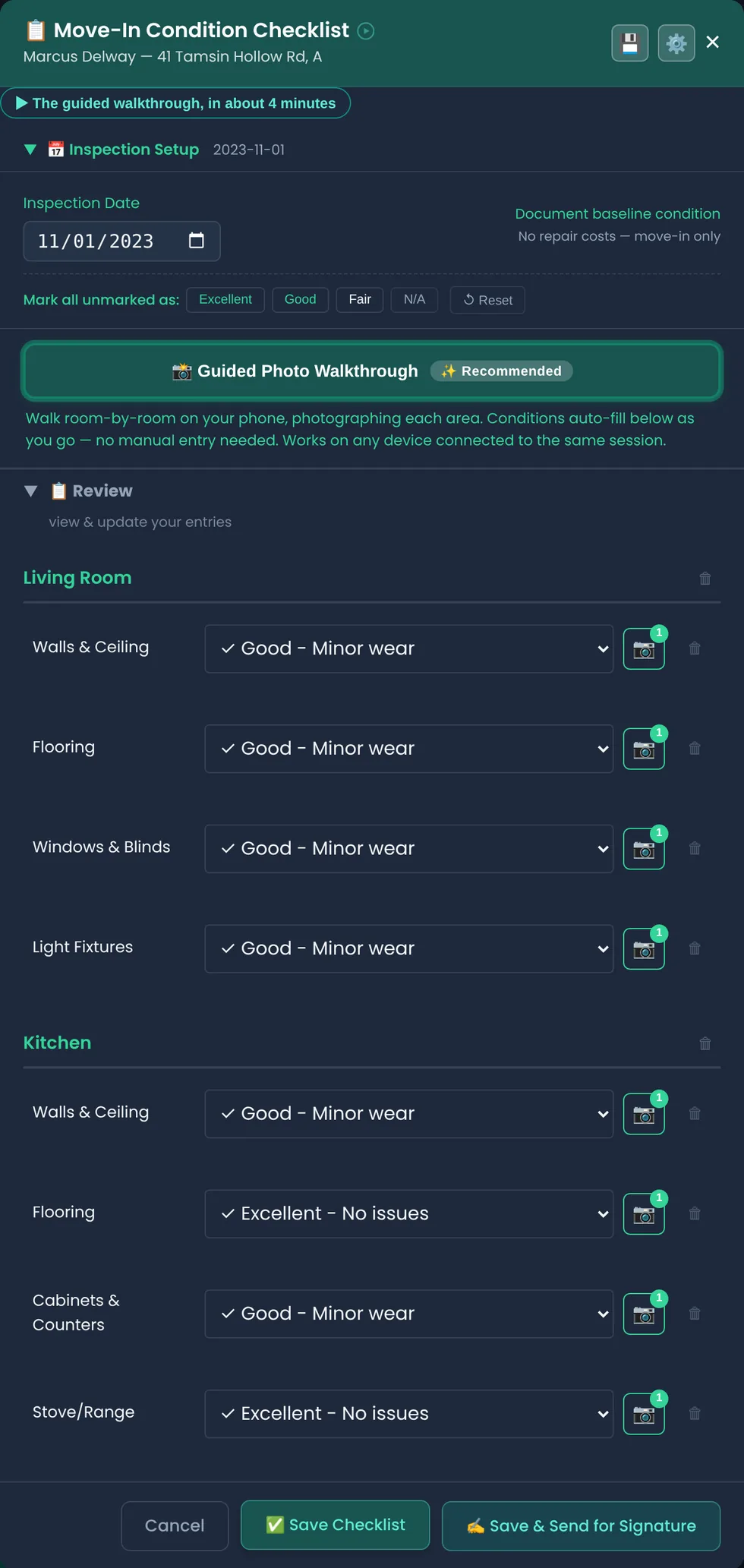 Move-in condition checklist for a duplex unit dated November 1, 2023, with a condition and a photo count on every item in the living room and kitchen, filled from the phone walkthrough