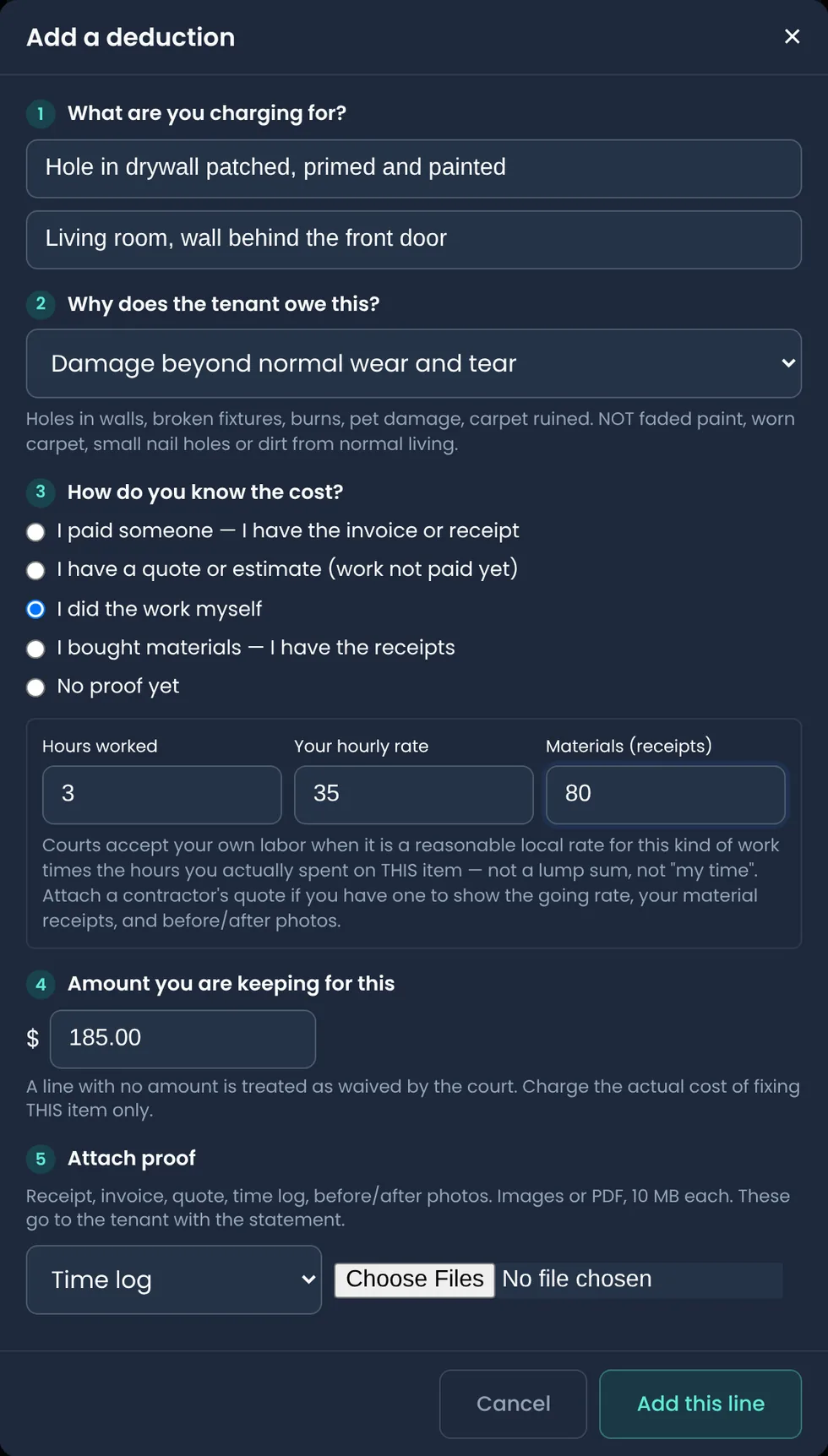 Add a deduction dialog: a drywall hole patched, primed and painted in the living room, marked as damage beyond normal wear and tear, cost from the landlord's own labor at 3 hours times $35 plus $80 of materials, $185 total, with a place to attach proof
