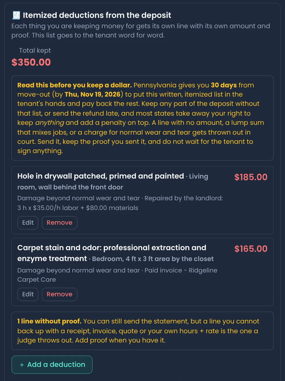 Itemized deductions panel: $185 drywall repair by the landlord and $165 professional carpet extraction from a paid invoice, $350 total kept, with a warning that one line has no proof attached yet
