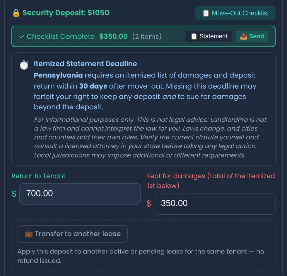 Itemized statement deadline box for a Pennsylvania property: an itemized list and the deposit balance are due within 30 days after move-out, with the not-legal-advice disclaimer, and the deposit split into $700 returned and $350 kept