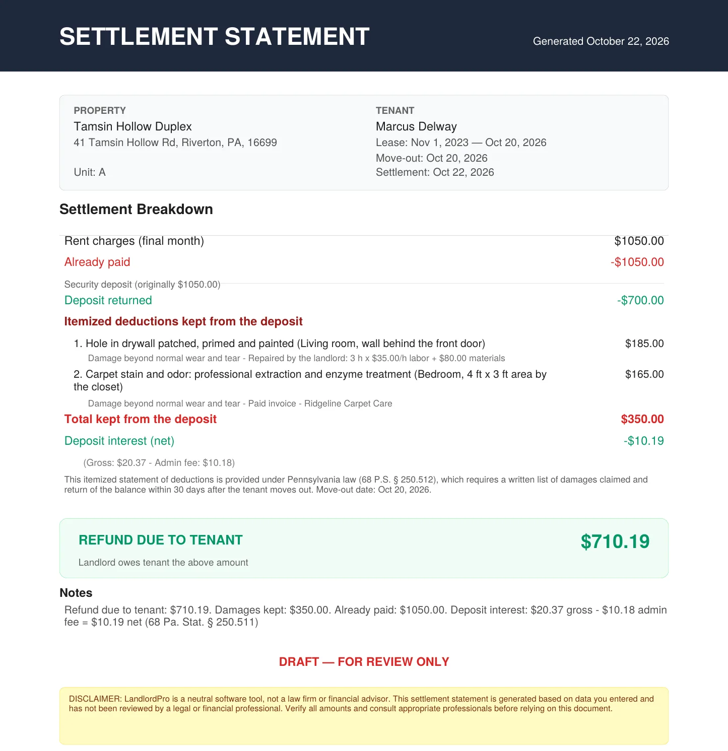 Settlement statement PDF marked DRAFT for review: final month's rent paid, $700 deposit returned, two itemized deductions totaling $350 with their basis, net deposit interest of $10.19, and a refund due to the tenant of $710.19
