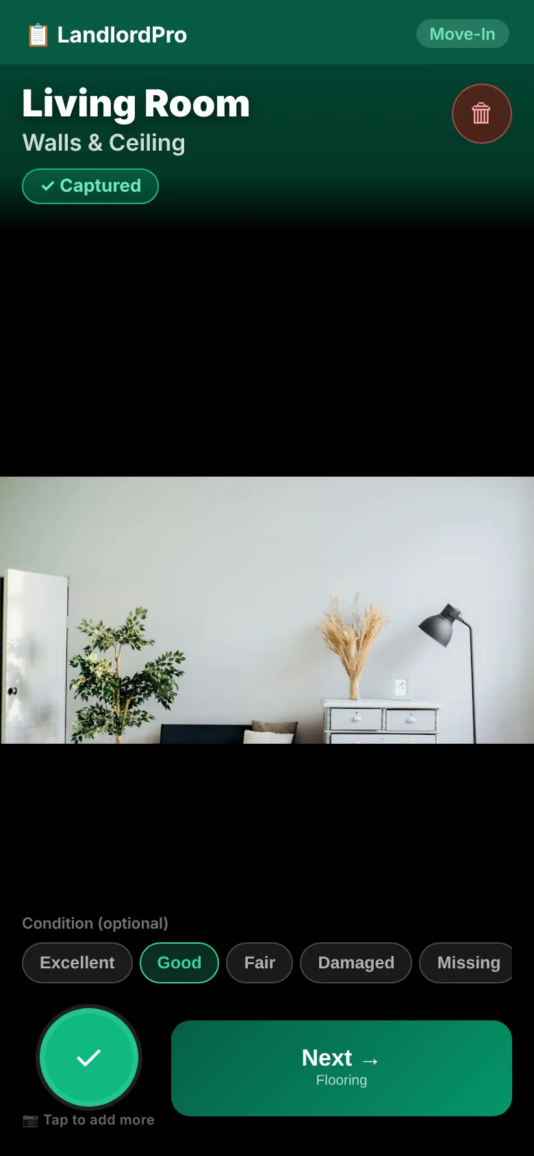 The guided walkthrough on a phone: Living Room, Walls and Ceiling, photo captured, condition Good selected, and a Next button to Flooring
