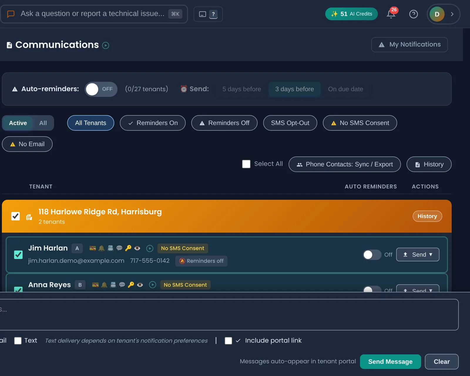 LandlordPro Communications page with a building's checkbox ticked, both tenants selected, and the send bar showing 2 selected with Email and Text options