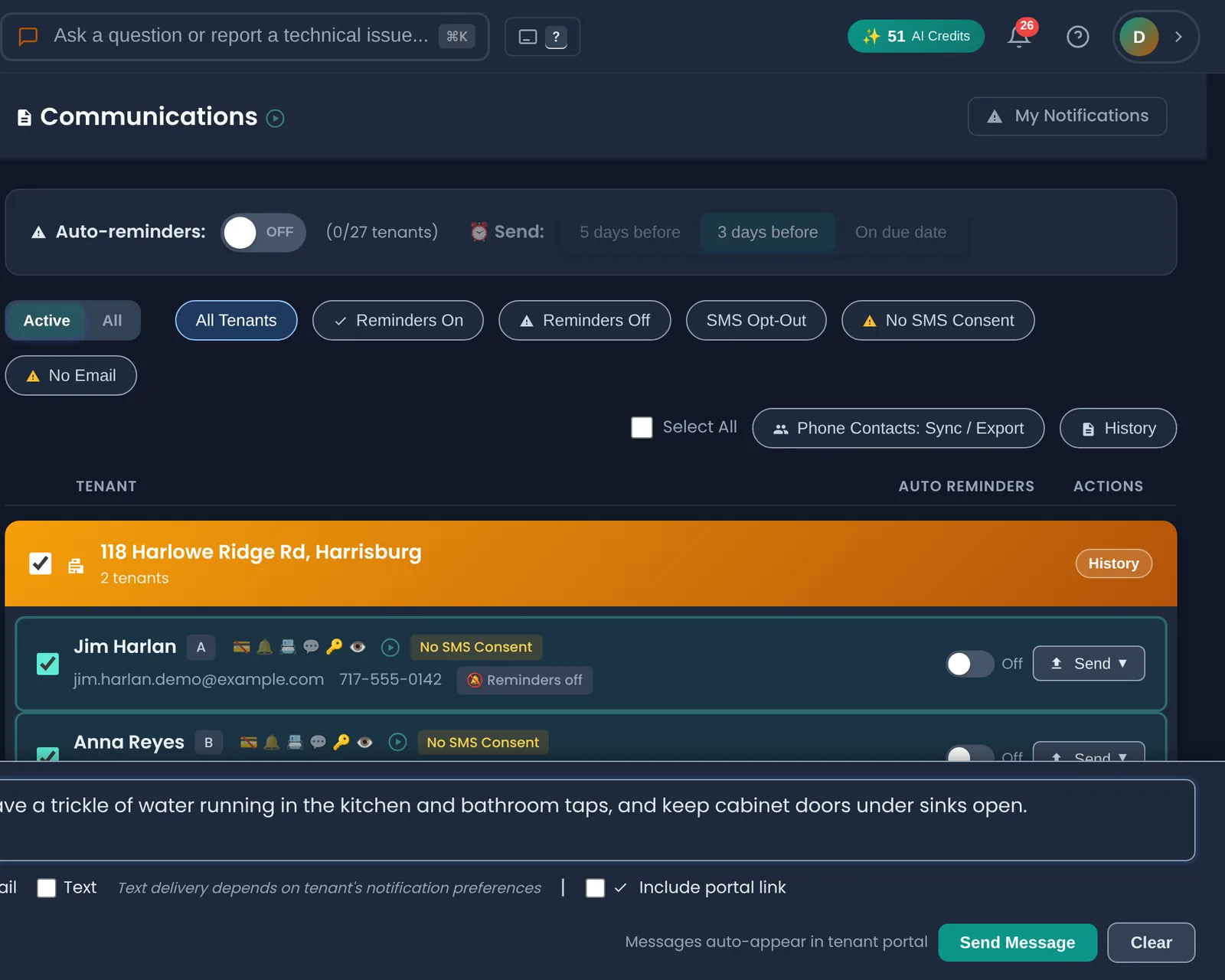 The compose bar with a pipes-may-freeze message typed, ready to send to every tenant in the building
