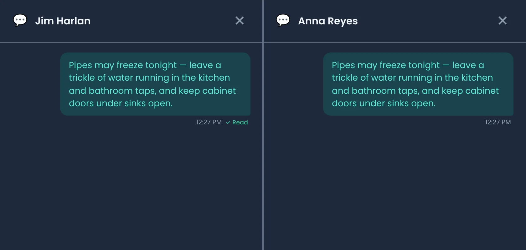 Two tenant message threads side by side: the same message shows a Read mark on one tenant and no Read mark on the other