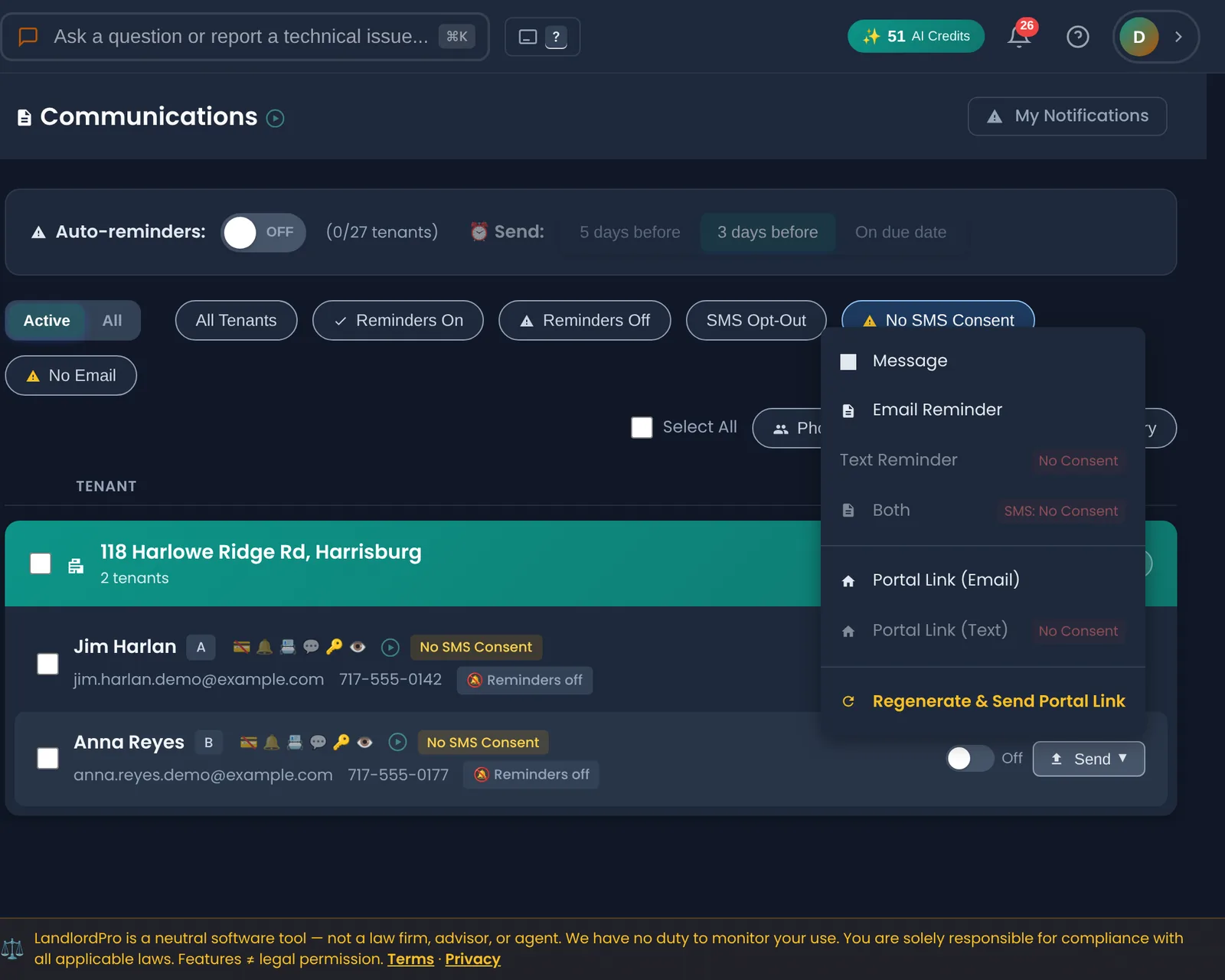 Tenant rows showing No SMS Consent chips, and a Send menu with the text options greyed out as No Consent