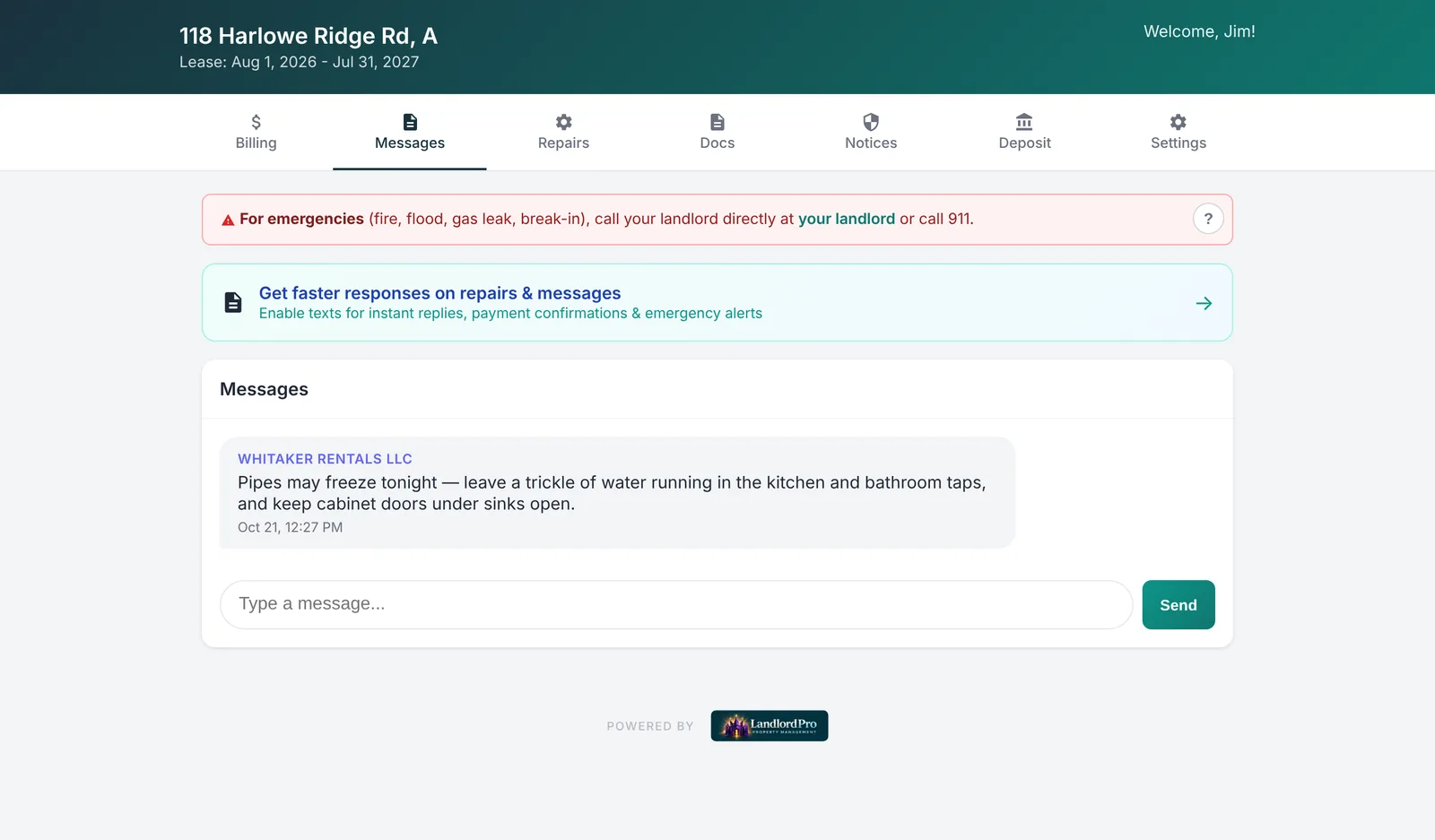 The tenant portal Messages tab showing the pipes-may-freeze message from Whitaker Rentals LLC with its timestamp and a reply box