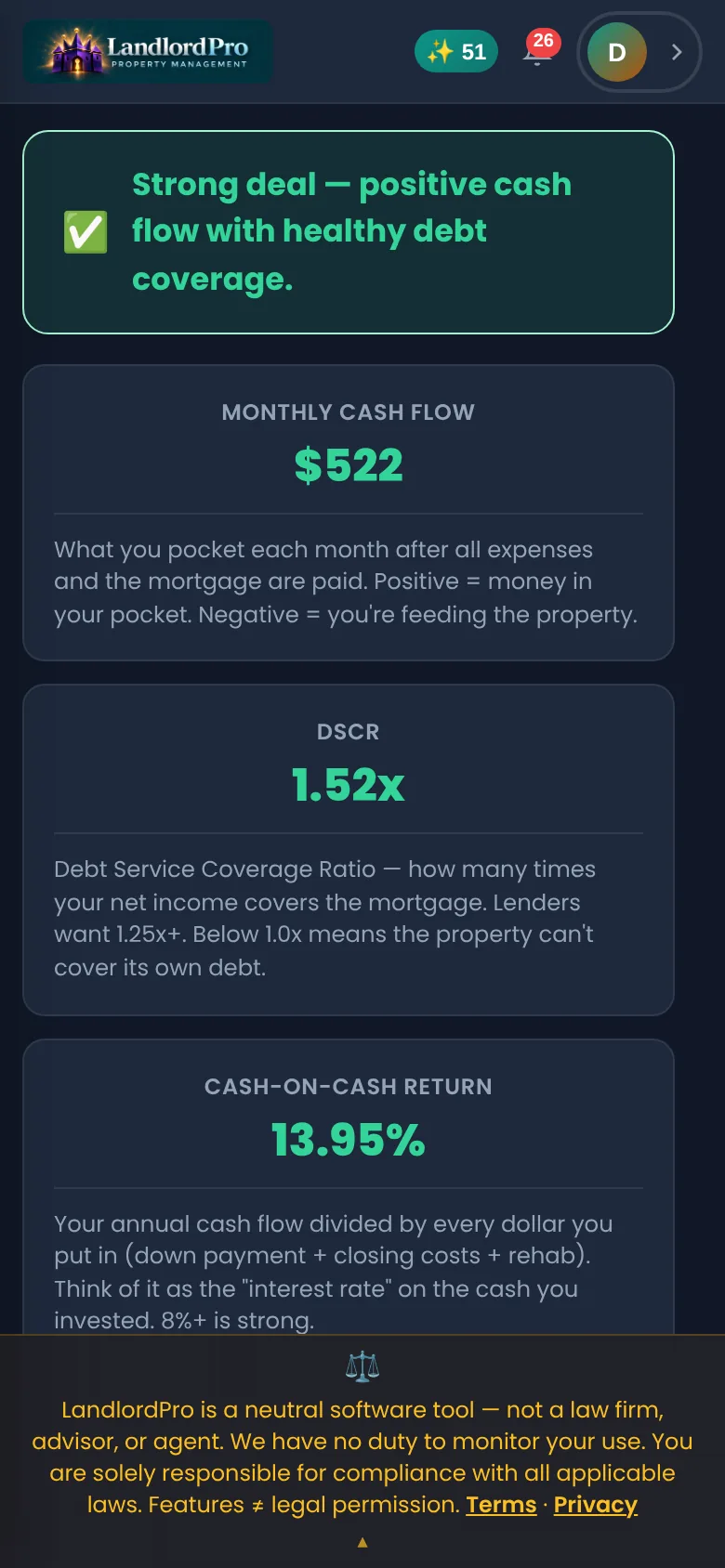 The deal analyzer verdict and result tiles on a phone: strong deal, monthly cash flow, DSCR and cash-on-cash return