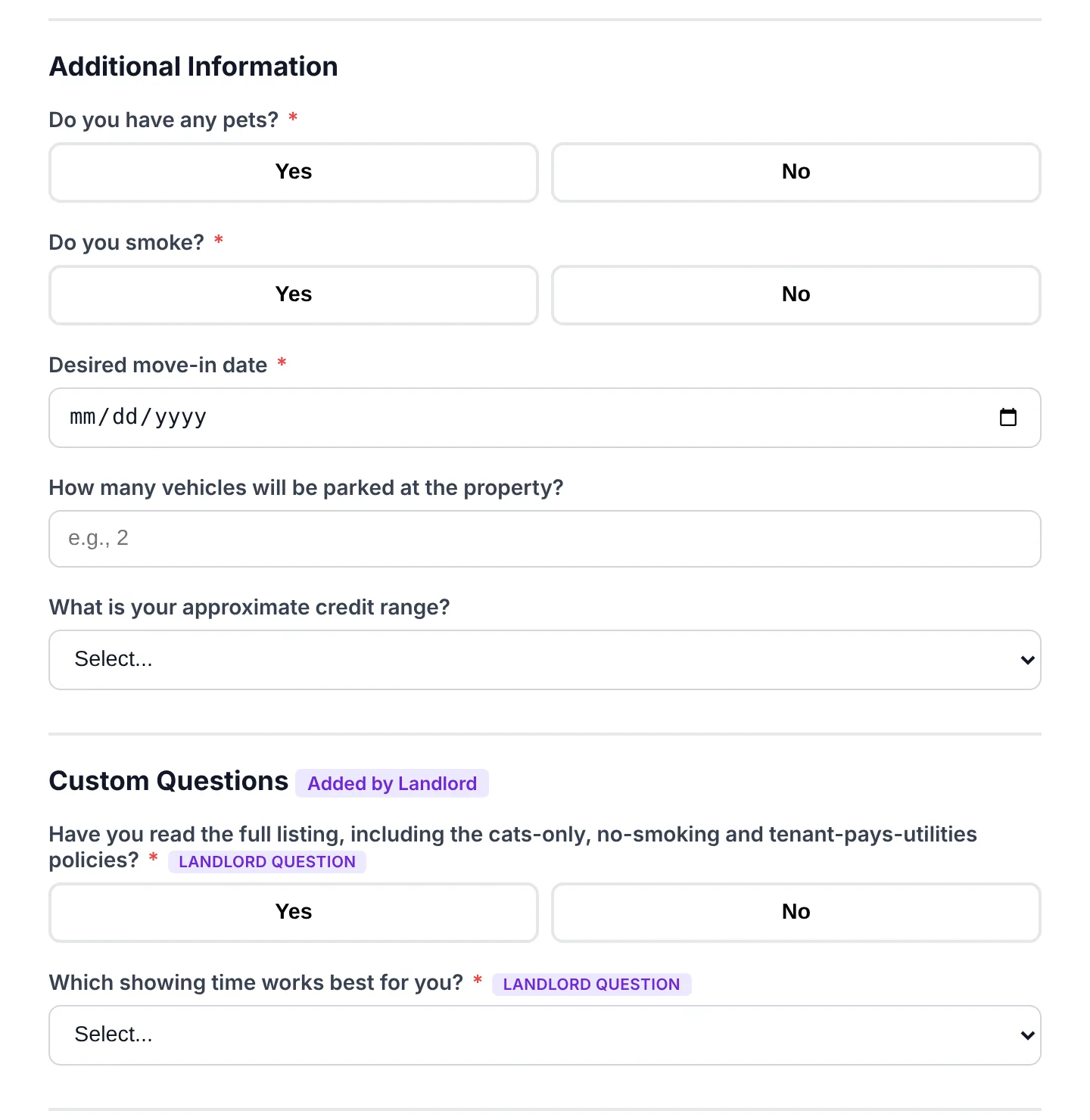 The public rental application showing the Additional Information section and the landlord's two custom questions: a yes/no about having read the listing policies and a showing-time dropdown
