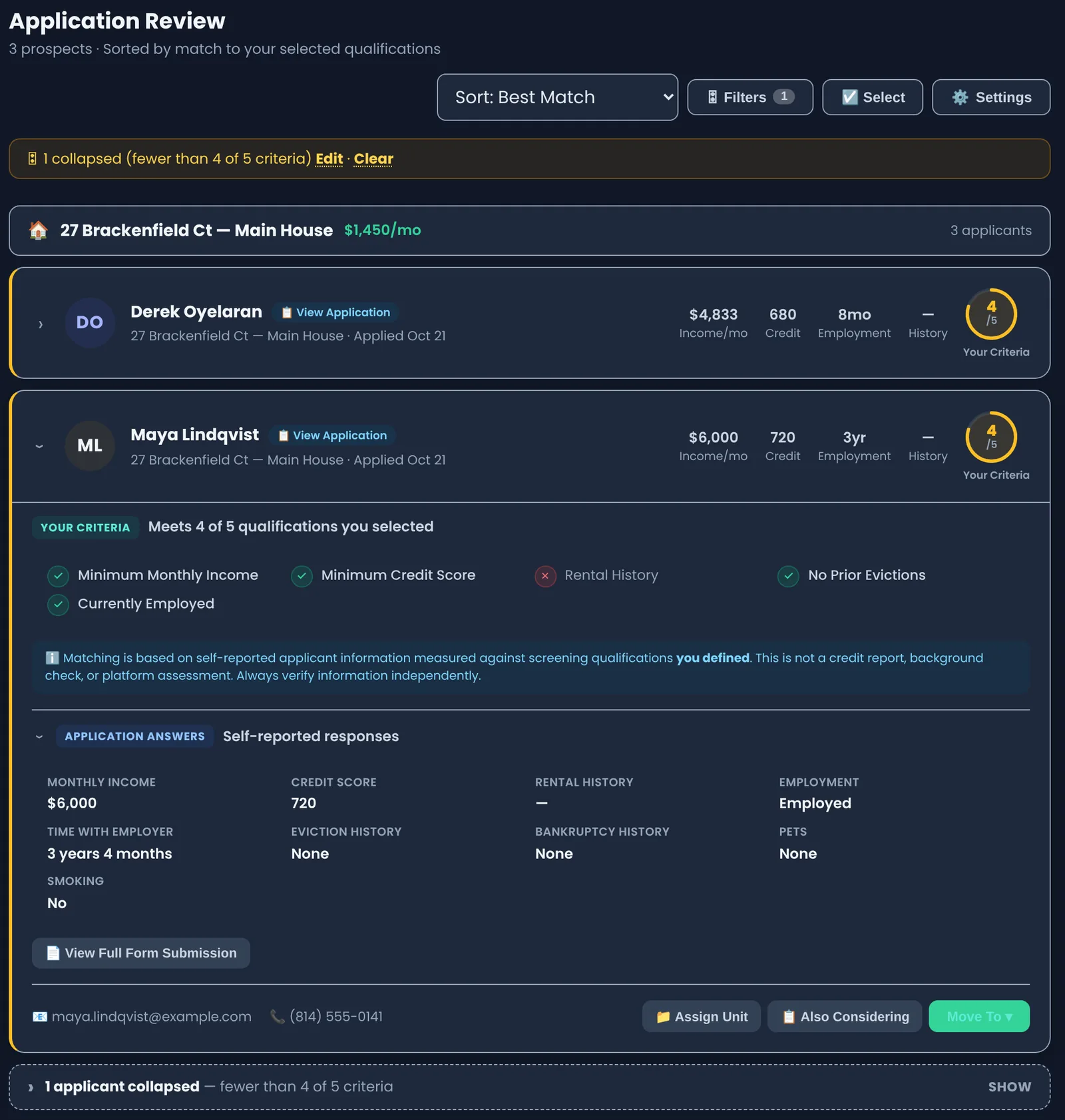 The Application Review screen: two applicants with 4 of 5 match rings, one expanded to show which criteria were met, and a strip reading 1 applicant collapsed, fewer than 4 of 5 criteria