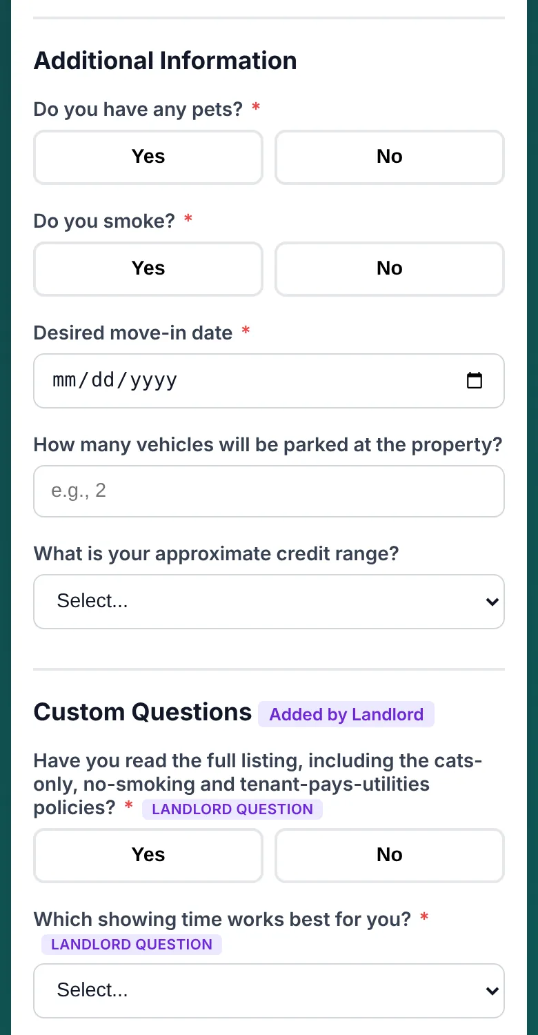 The same application on a phone, showing the landlord's custom questions