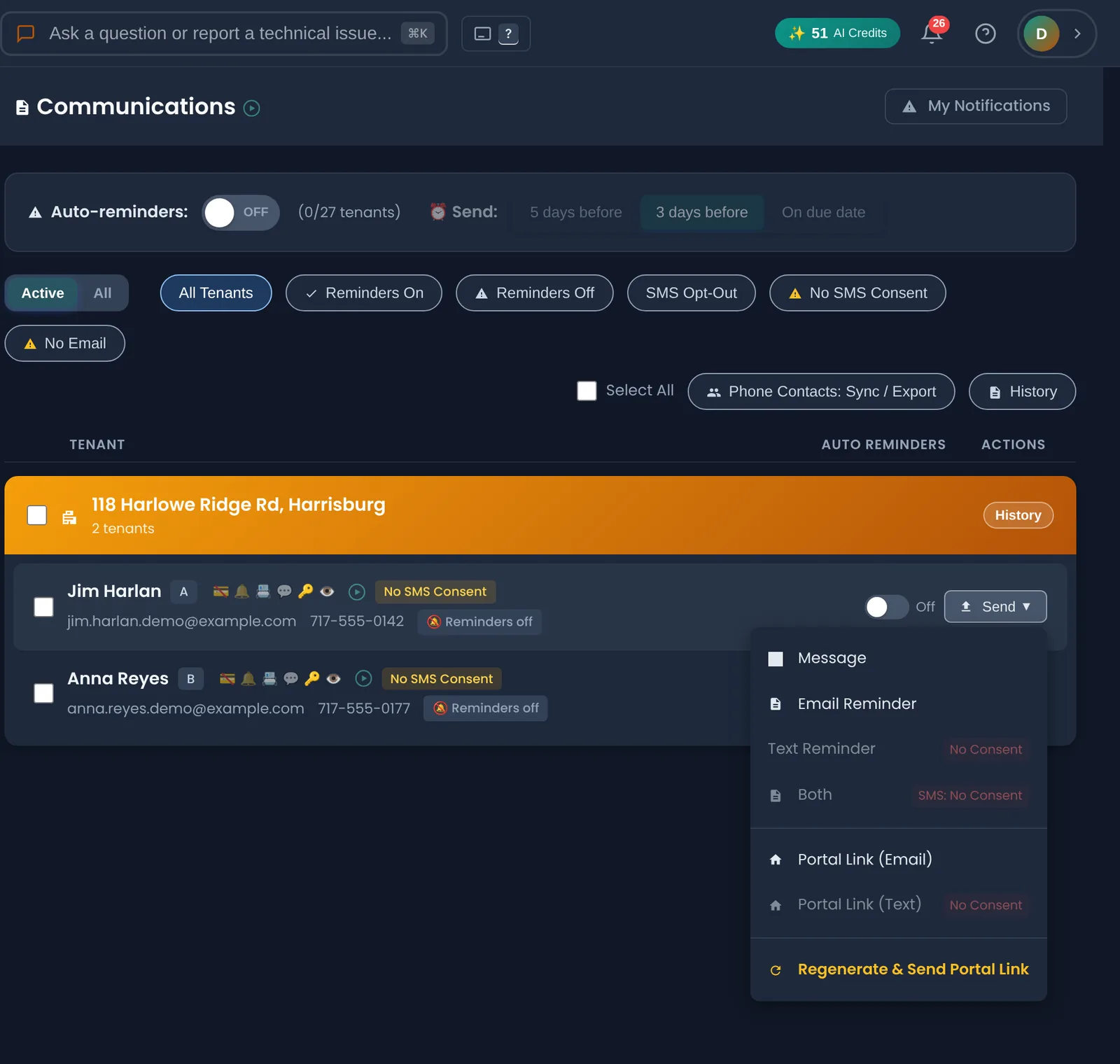 LandlordPro Communications page with a tenant's Send menu open: Message, Email Reminder, Text Reminder, Portal Link, and the SMS consent status