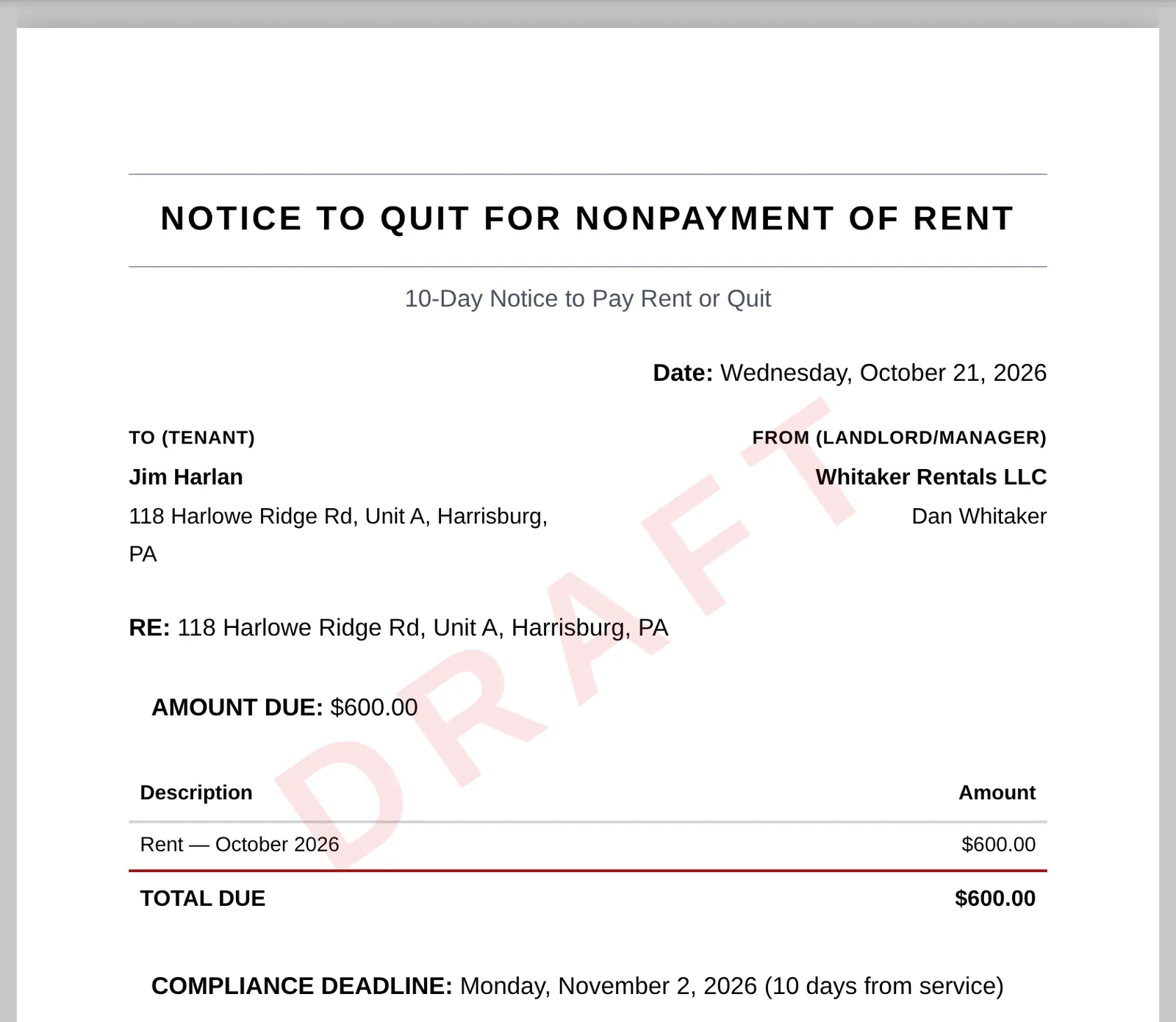 Draft 10-Day Notice to Pay Rent or Quit in LandlordPro with the DRAFT watermark, the tenant's unit, the $600 balance and the compliance deadline