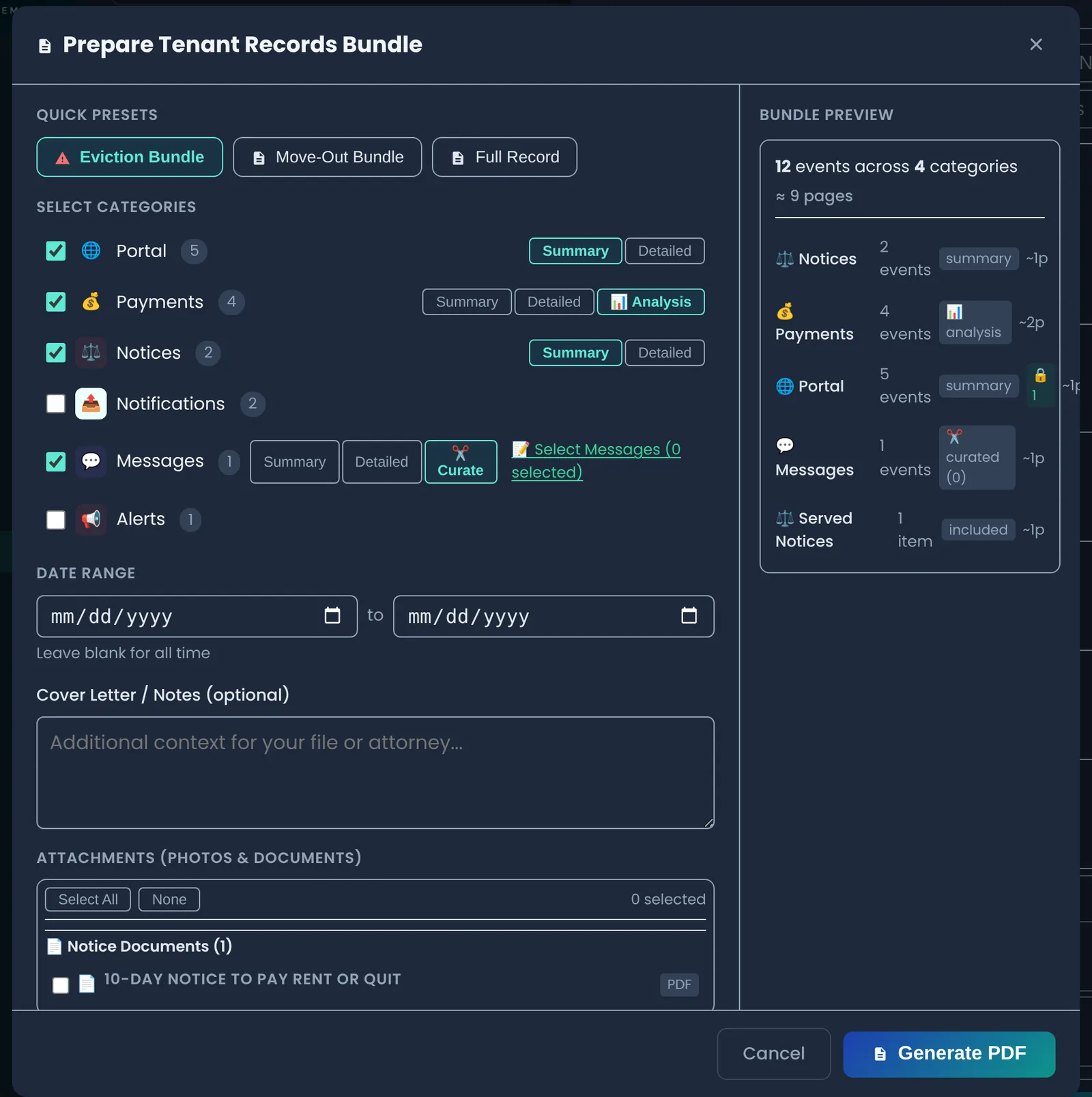 Prepare Tenant Records Bundle dialog: Eviction Bundle preset selected, payments and notices included, preview says 5 events across 2 categories, about 7 pages