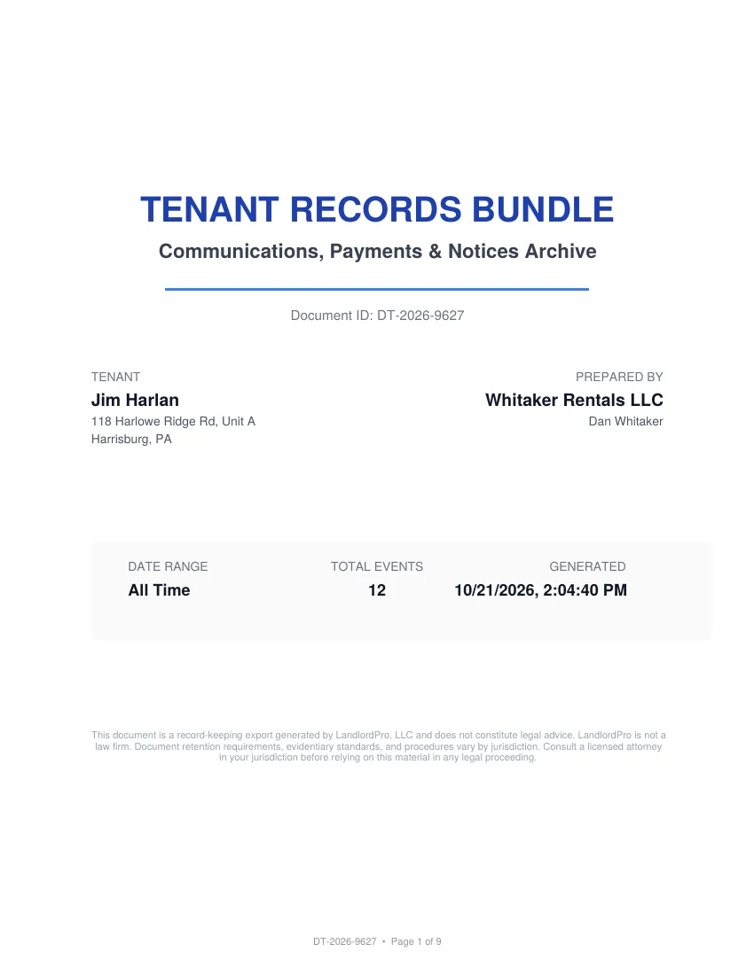 First page of the generated Tenant Records Bundle PDF for the tenant
