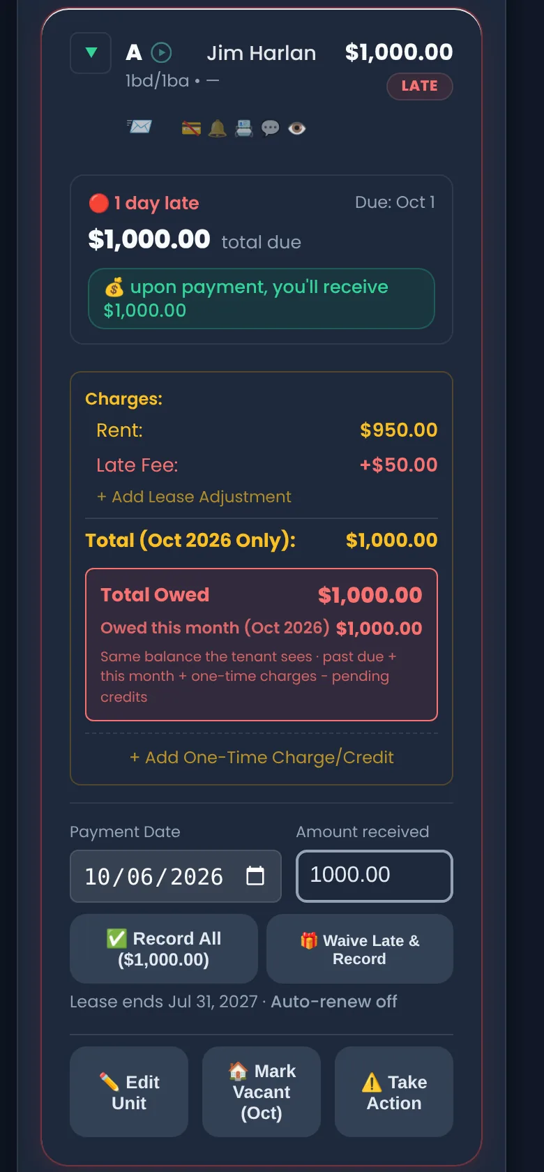 The same late rent card on a phone: LATE, 16 days late, rent $950 plus $50 late fee, Record All button