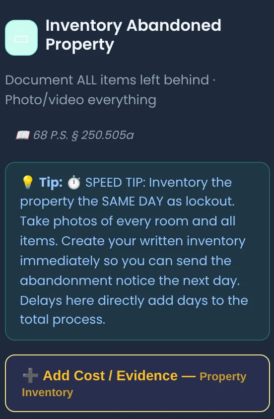 The Inventory Abandoned Property step on the eviction timeline, telling the landlord to photograph and list everything the same day as the lockout