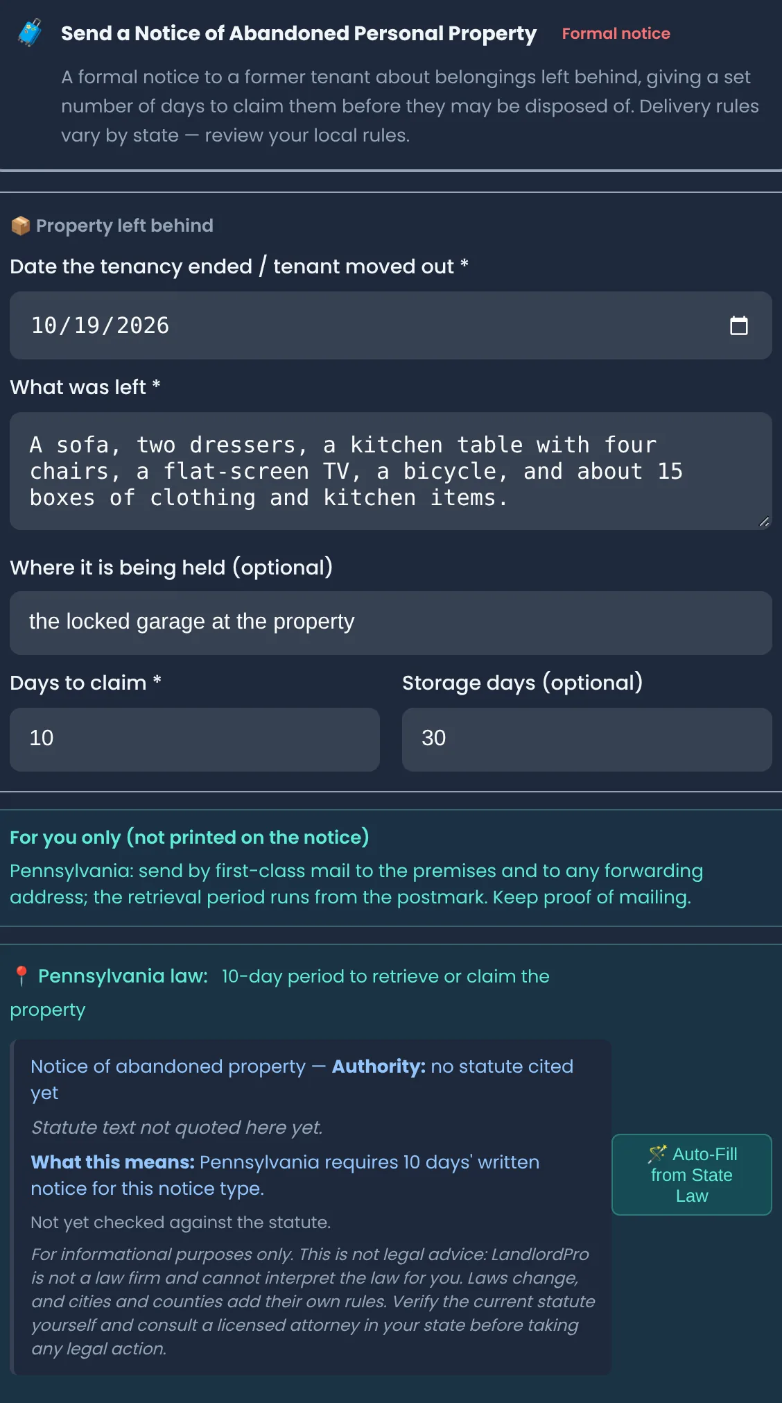 Notice of Abandoned Personal Property form: tenancy ended October 19, 2026, a list of furniture and boxes left behind, held in the locked garage, 10 days to claim and 30 storage days filled from Pennsylvania state data, with a mailing note and a not-legal-advice disclaimer