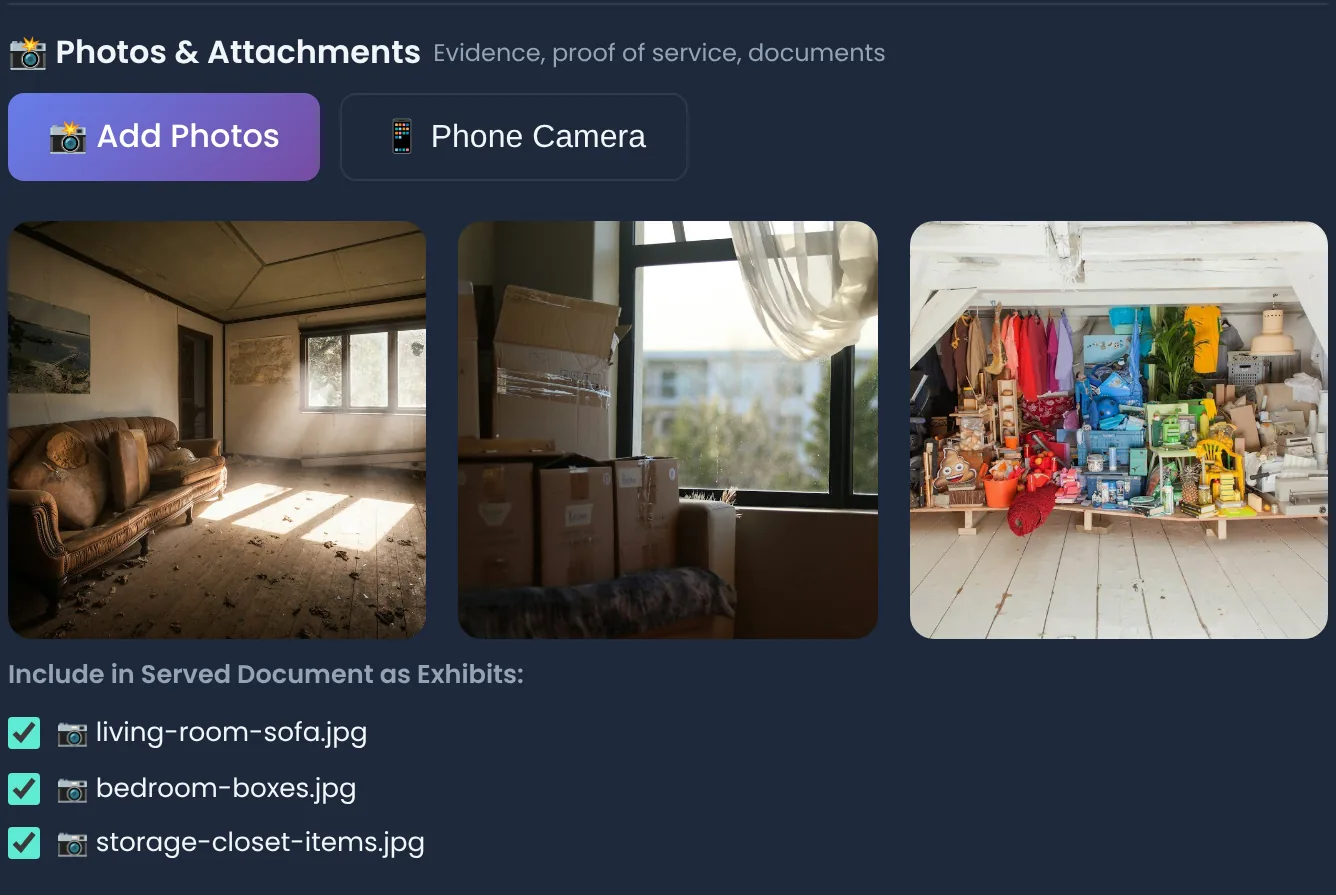 Photos and Attachments on the draft notice: three photos of a sofa in an empty room, stacked moving boxes and stored household items, each ticked to be included in the served document as an exhibit