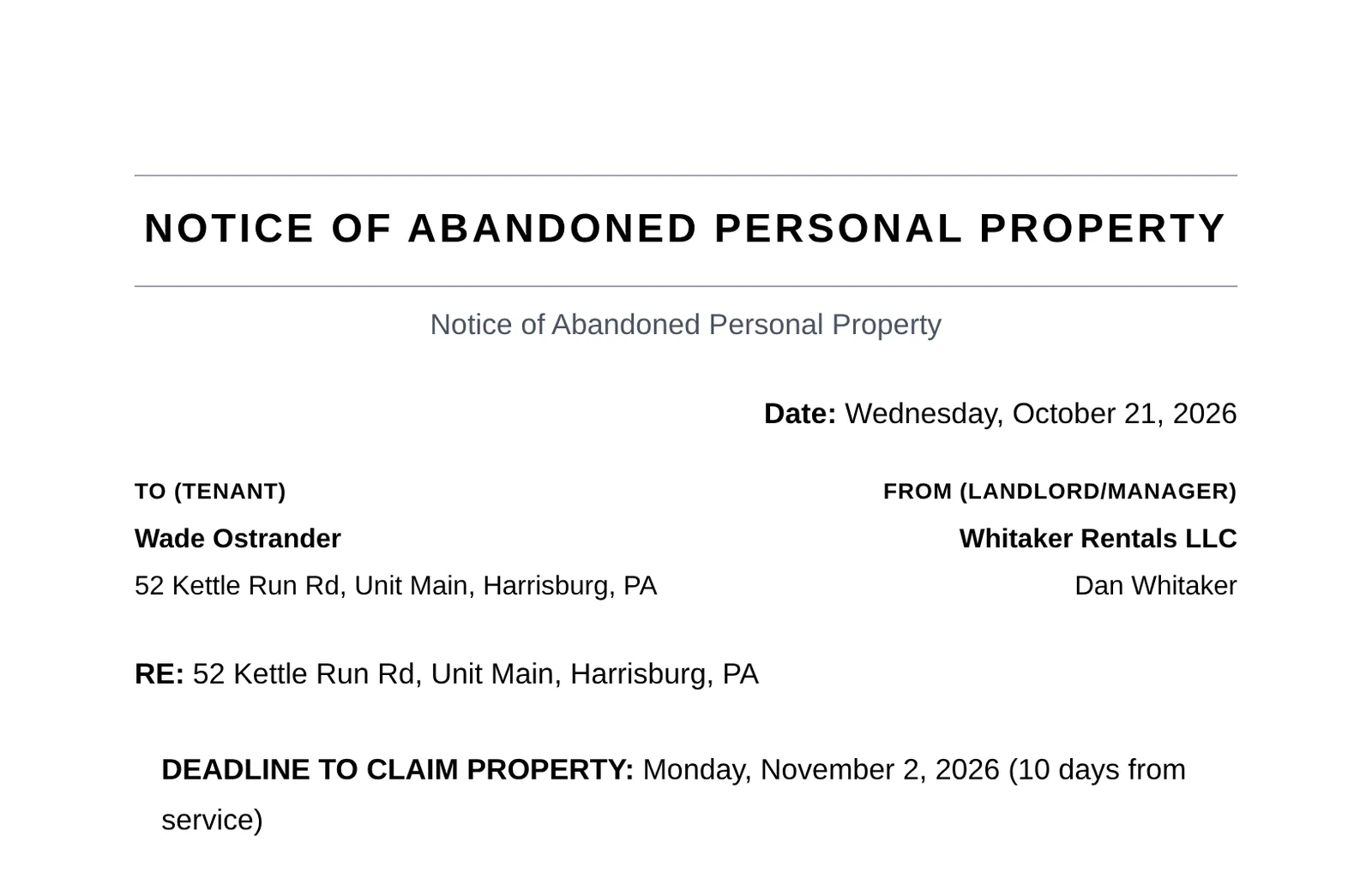 Top of the draft Notice of Abandoned Personal Property: tenant and landlord, the property, and the deadline to claim property, Monday, November 2, 2026, 10 days from service