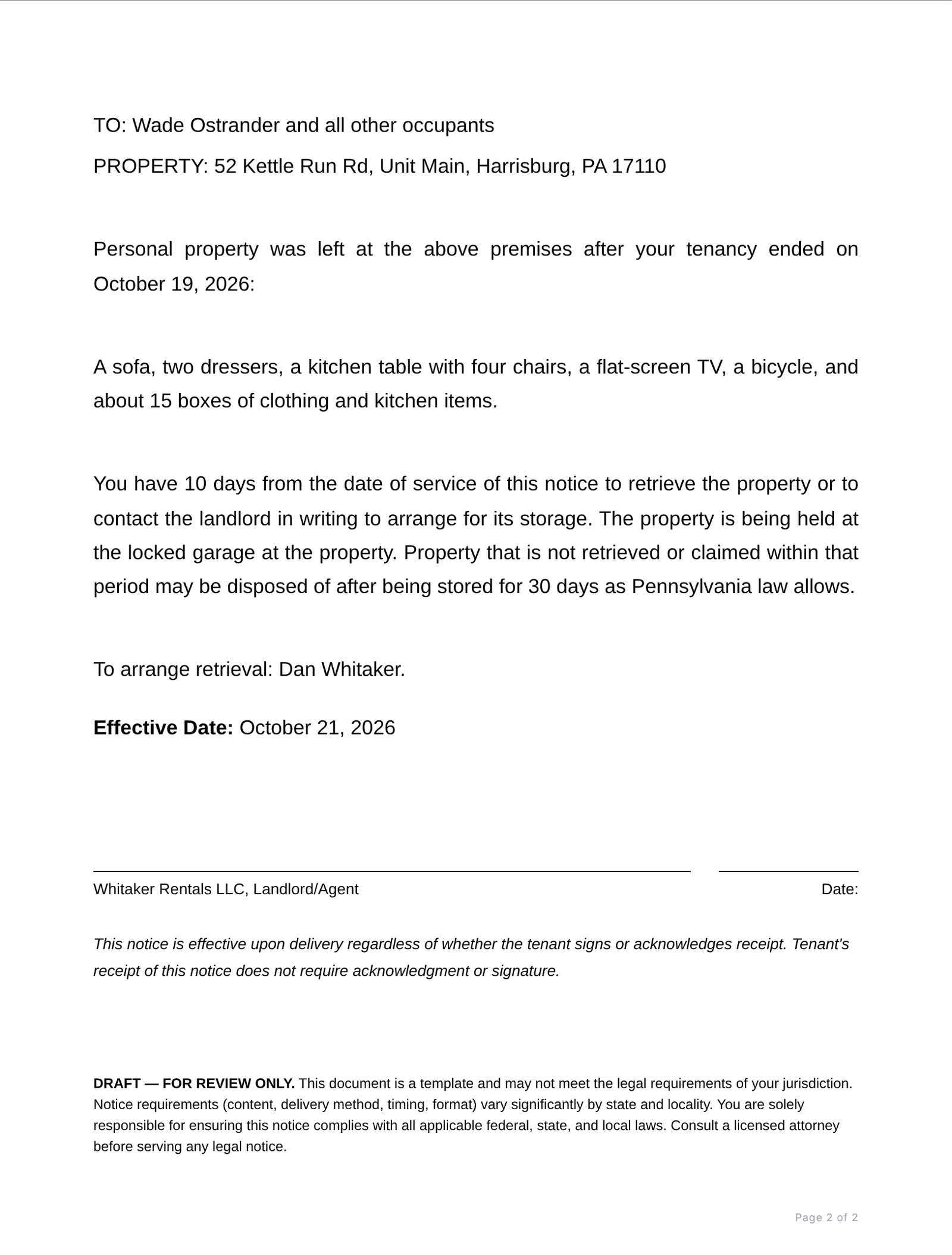Body of the draft notice listing the furniture and boxes left behind, the locked garage where they are held, 10 days to claim, 30 days of storage, a landlord signature line, and a draft for review only disclaimer