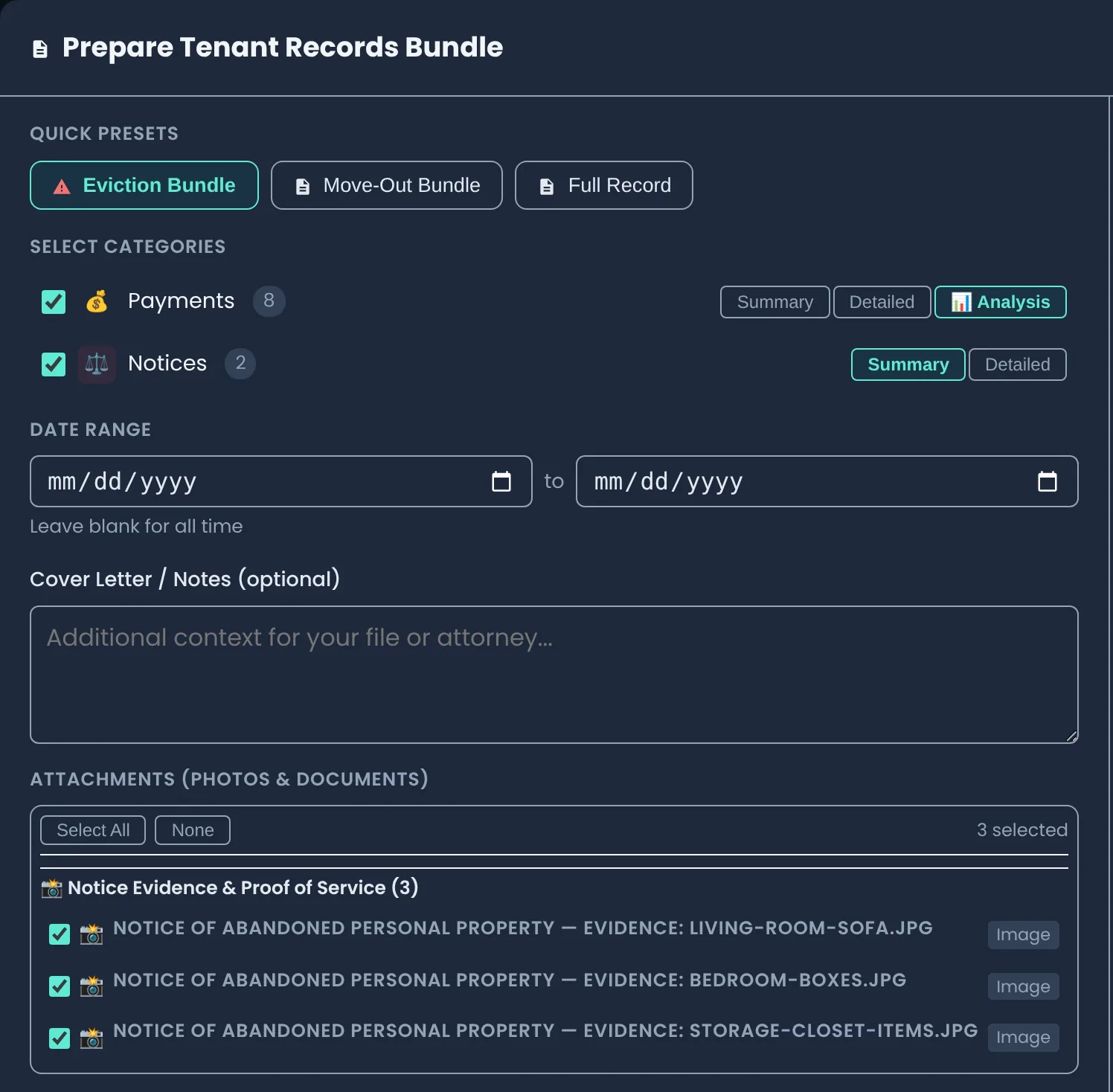 Prepare Tenant Records Bundle with the Eviction Bundle preset: payments and notices selected, and three photos from the abandoned property notice selected as attachments