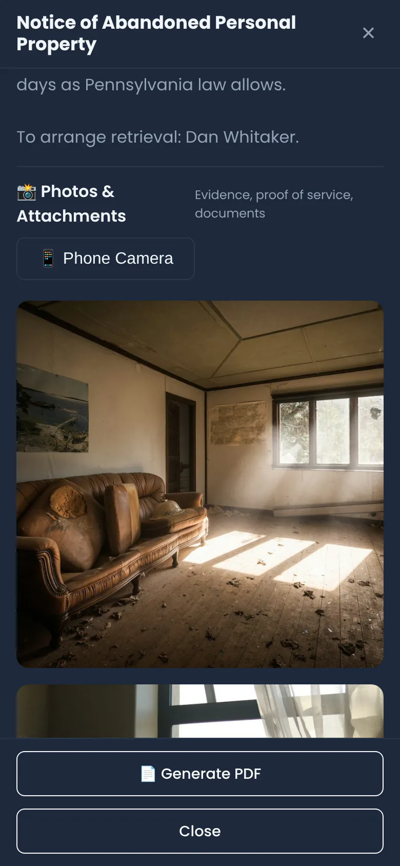 The draft abandoned property notice on a phone, scrolled to Photos and Attachments with a photo of a sofa left in the living room