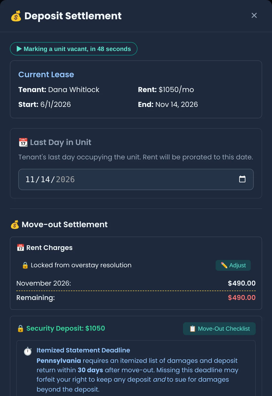 Deposit Settlement for the terminated lease: last day in unit Nov 14, 2026, November rent $490.00, security deposit $1,050, and the Pennsylvania 30-day itemized statement deadline
