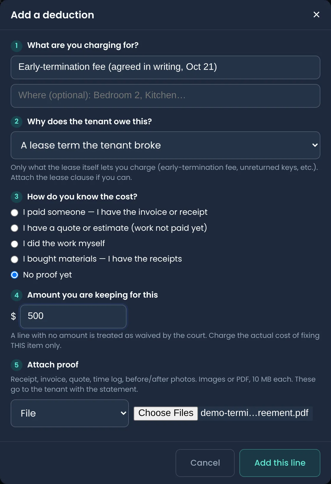 Add a deduction dialog: early-termination fee agreed in writing, reason A lease term the tenant broke, amount $500, signed agreement attached as a file