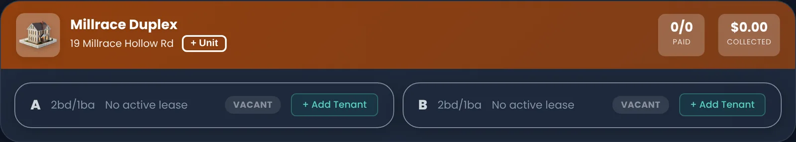 December rent roll for the duplex: Unit A vacant, no active lease