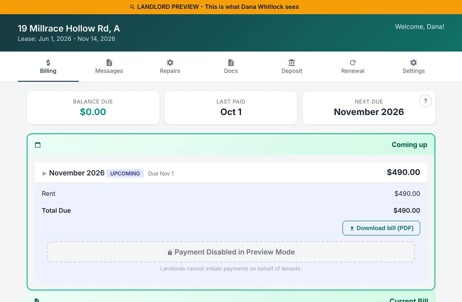 The tenant's portal in landlord preview: lease Jun 1, 2026 to Nov 14, 2026, November 2026 upcoming, rent $490.00, total due $490.00