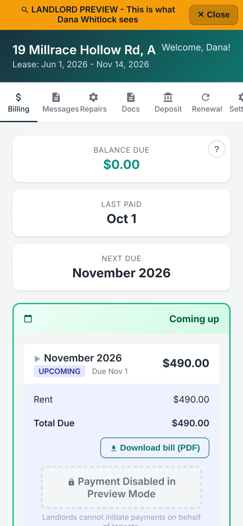 The tenant portal on a phone: lease Jun 1, 2026 to Nov 14, 2026, next due November 2026, November rent $490.00