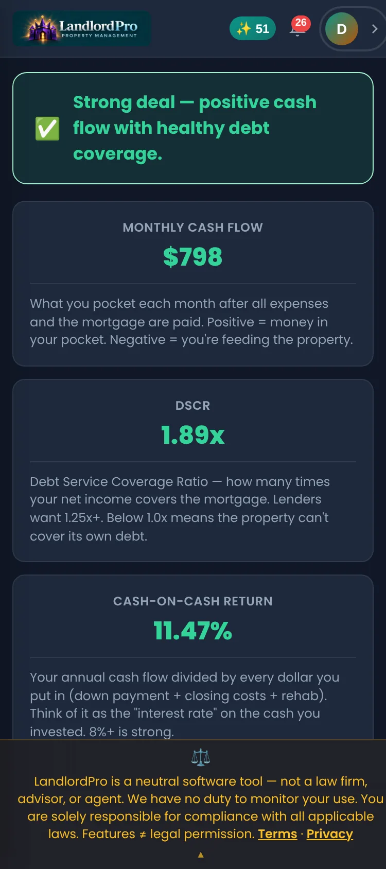 The deal analyzer verdict on a phone: strong deal, $798 monthly cash flow, 1.89x DSCR and 11.47% cash-on-cash return