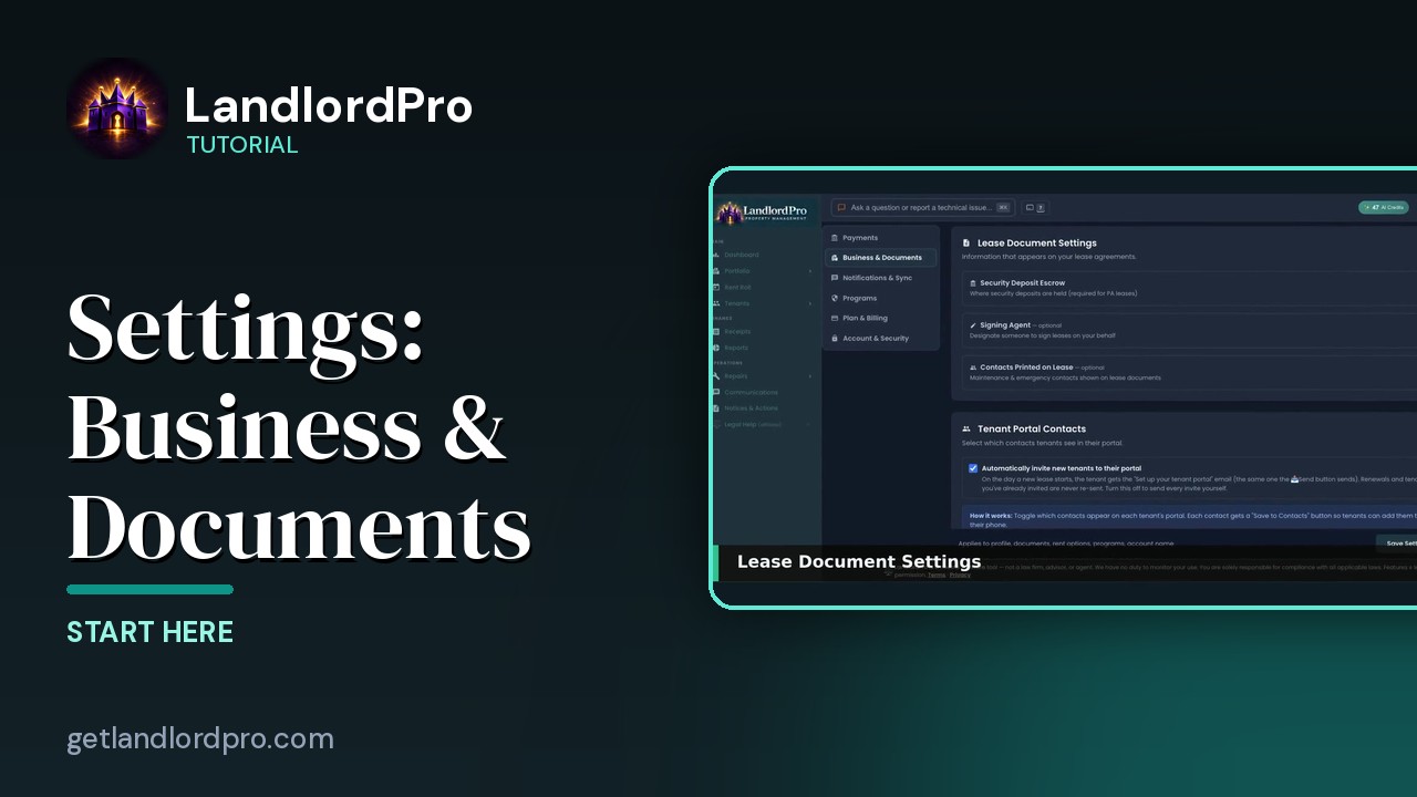 Settings · Business & Documents — option by option